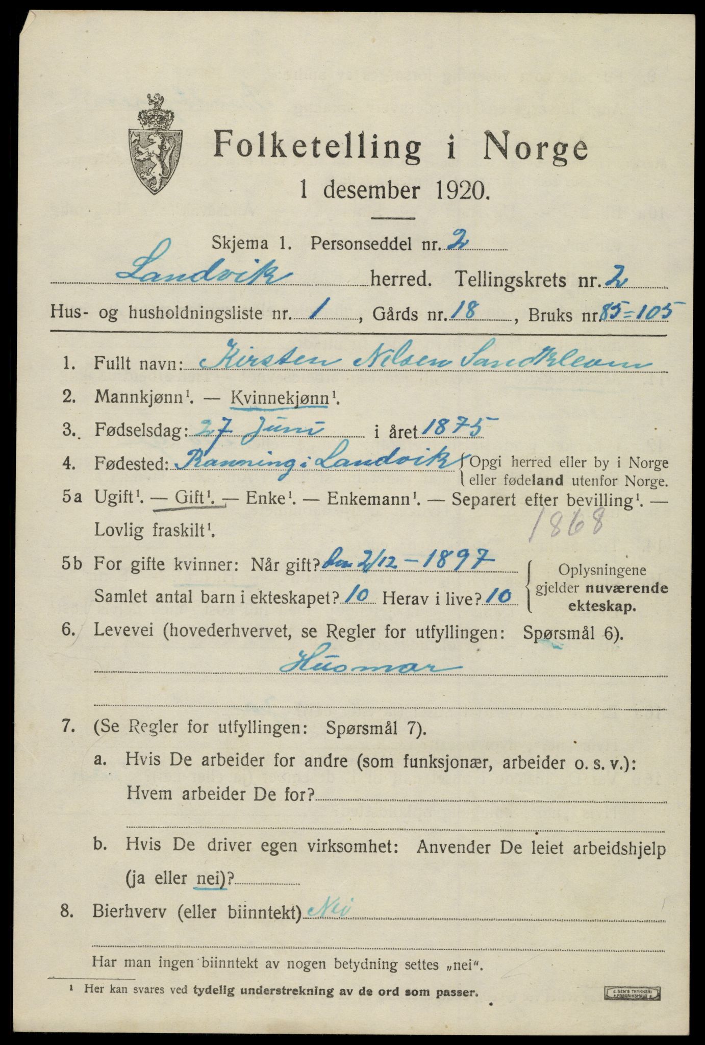 SAK, 1920 census for Landvik, 1920, p. 1774