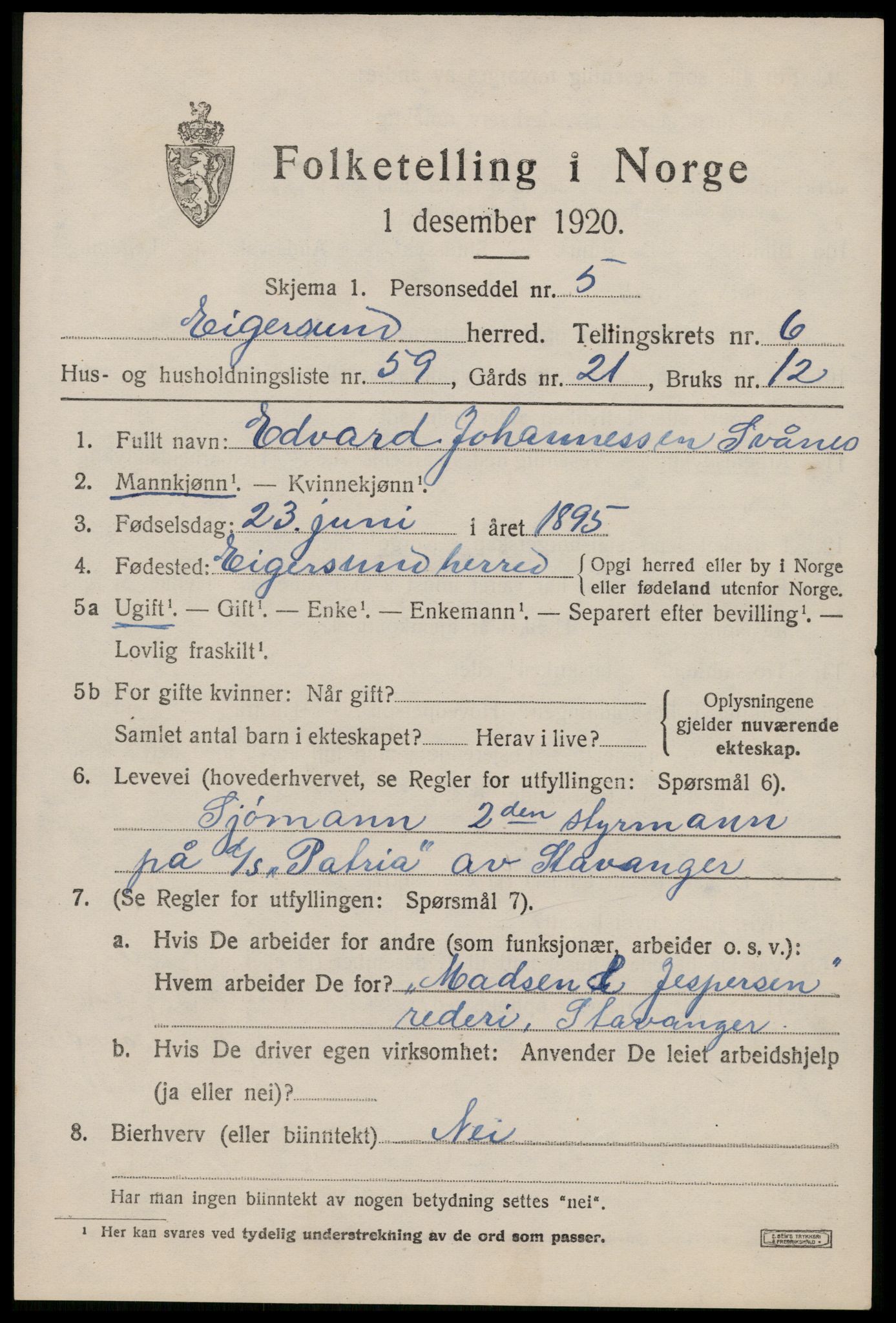 SAST, 1920 census for Eigersund, 1920, p. 4613