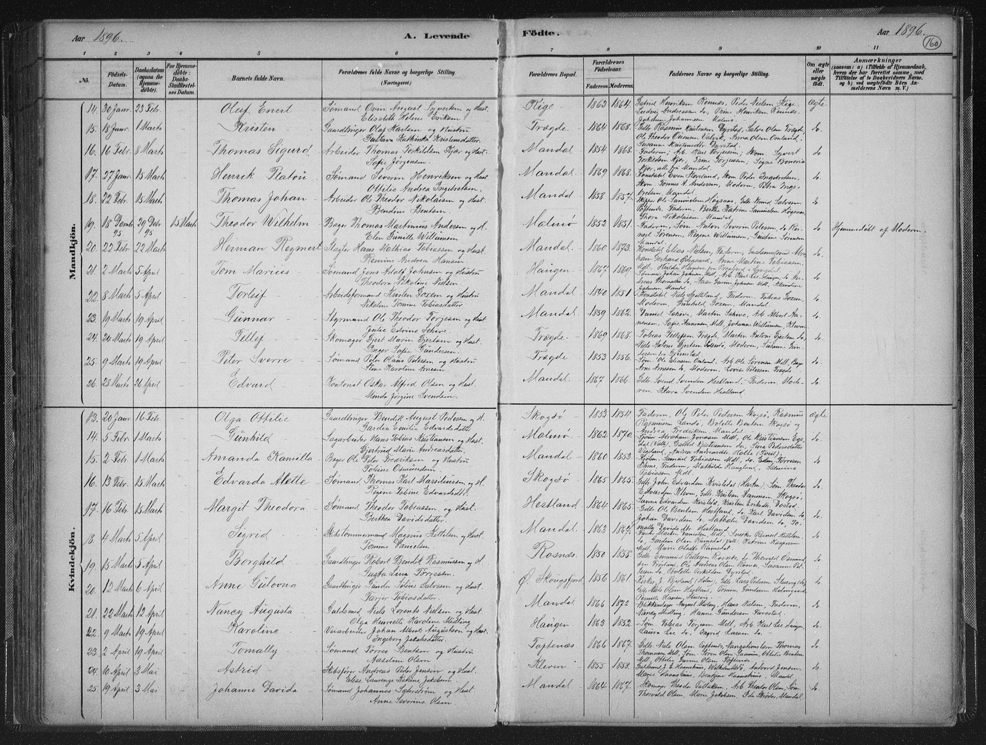 Mandal sokneprestkontor, AV/SAK-1111-0030/F/Fb/Fba/L0011: Parish register (copy) no. B 5, 1880-1898, p. 160