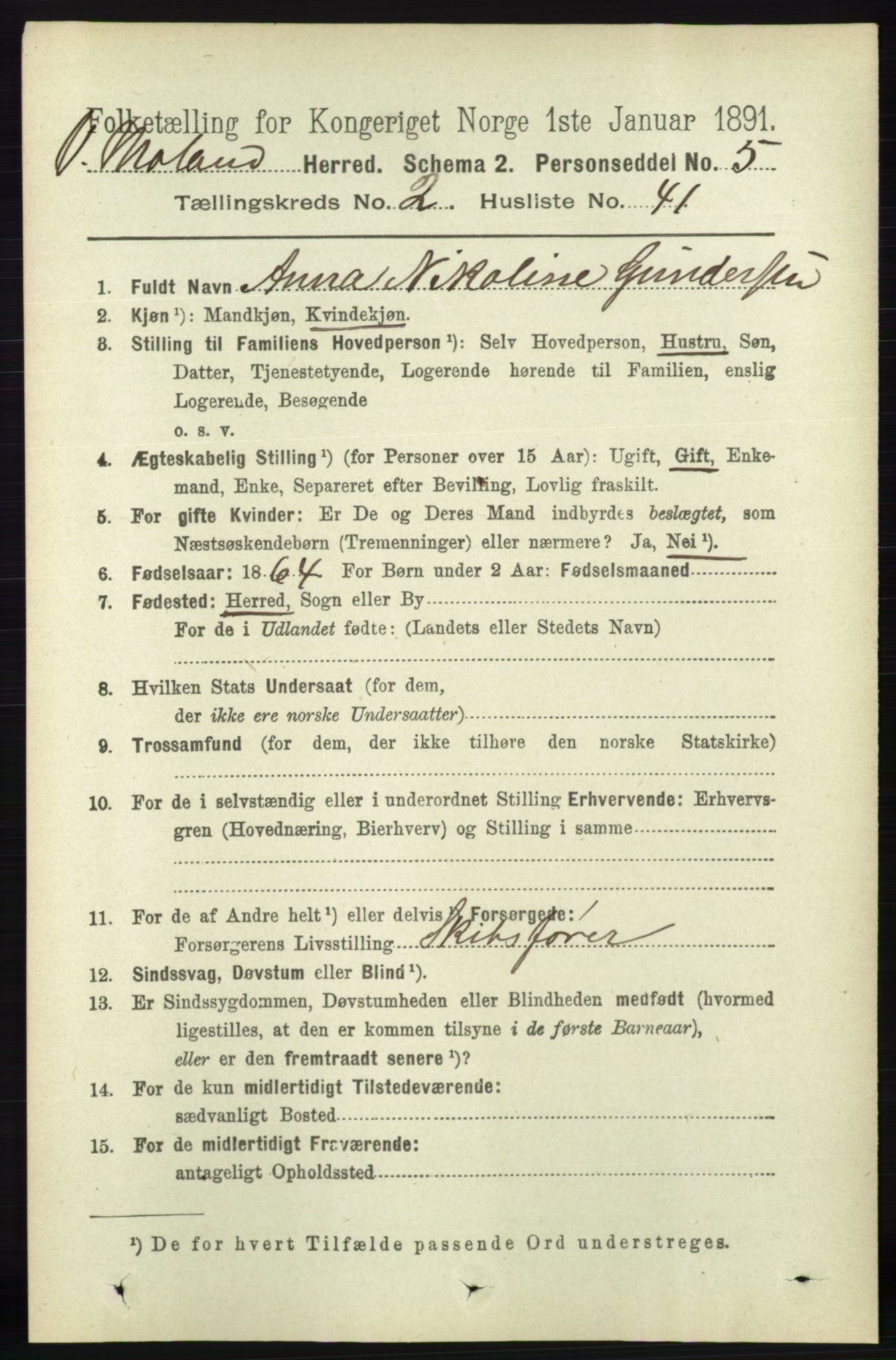 RA, 1891 census for 0926 Vestre Moland, 1891, p. 835