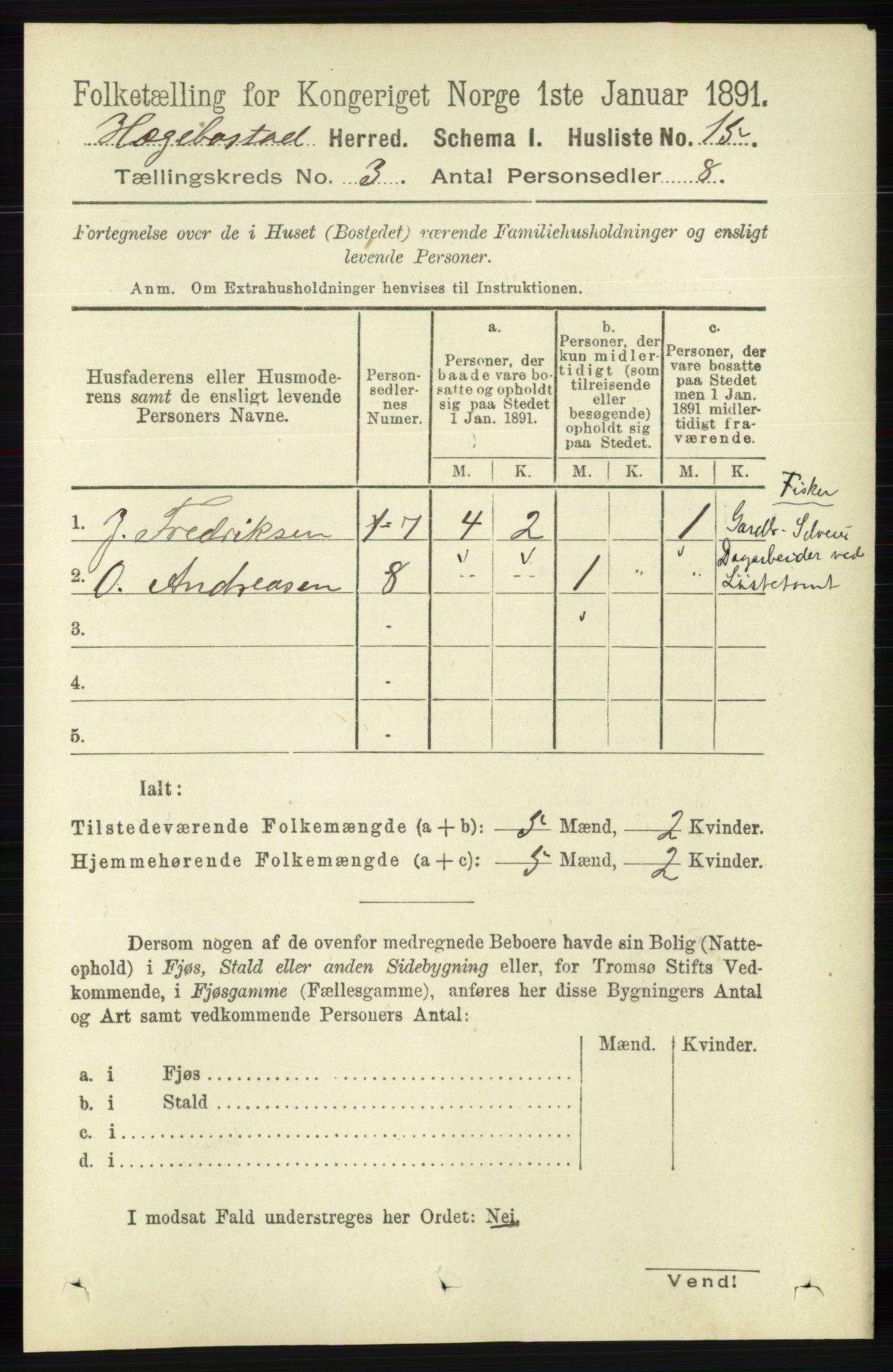 RA, 1891 census for 1034 Hægebostad, 1891, p. 832