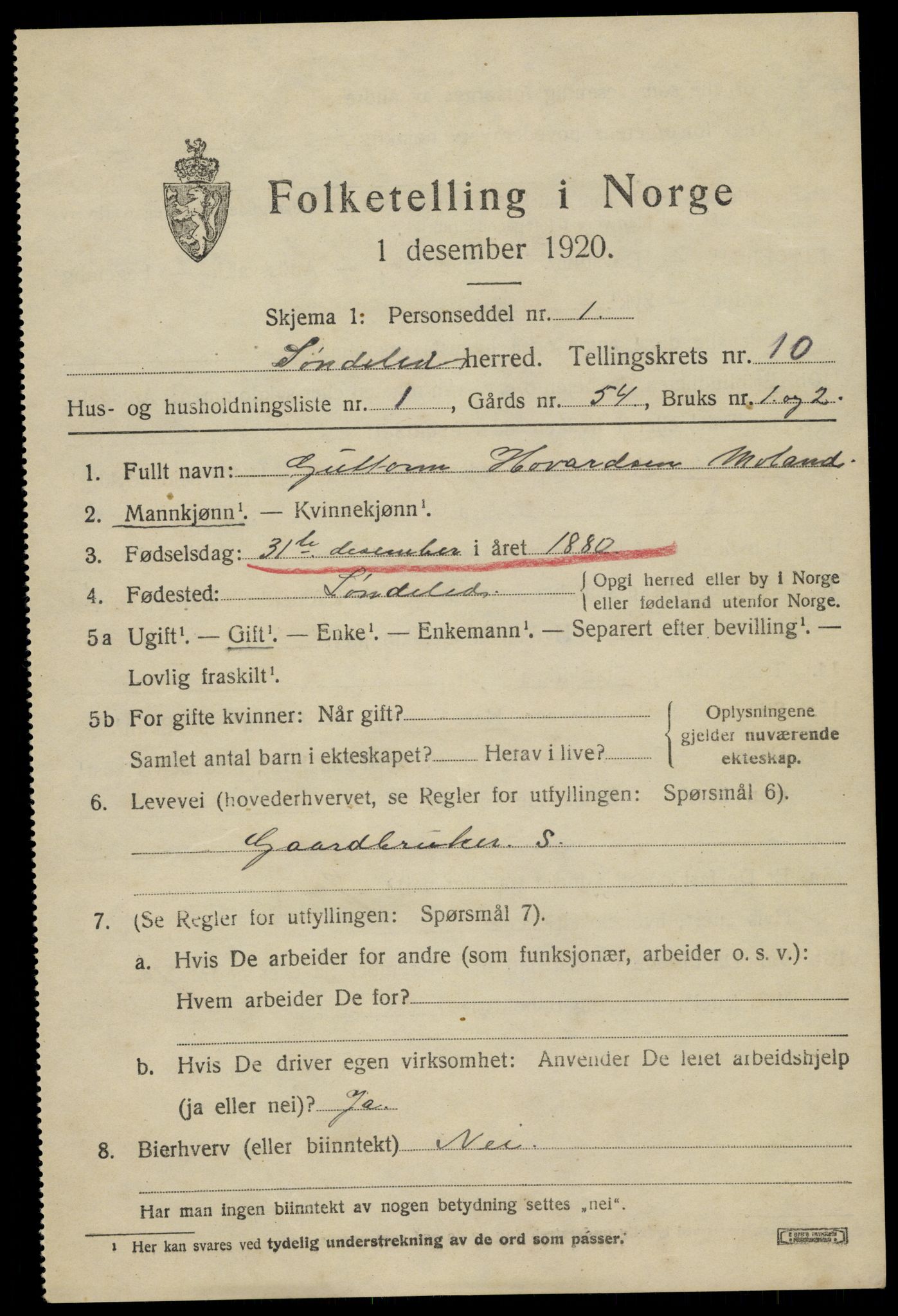 SAK, 1920 census for Søndeled, 1920, p. 4947