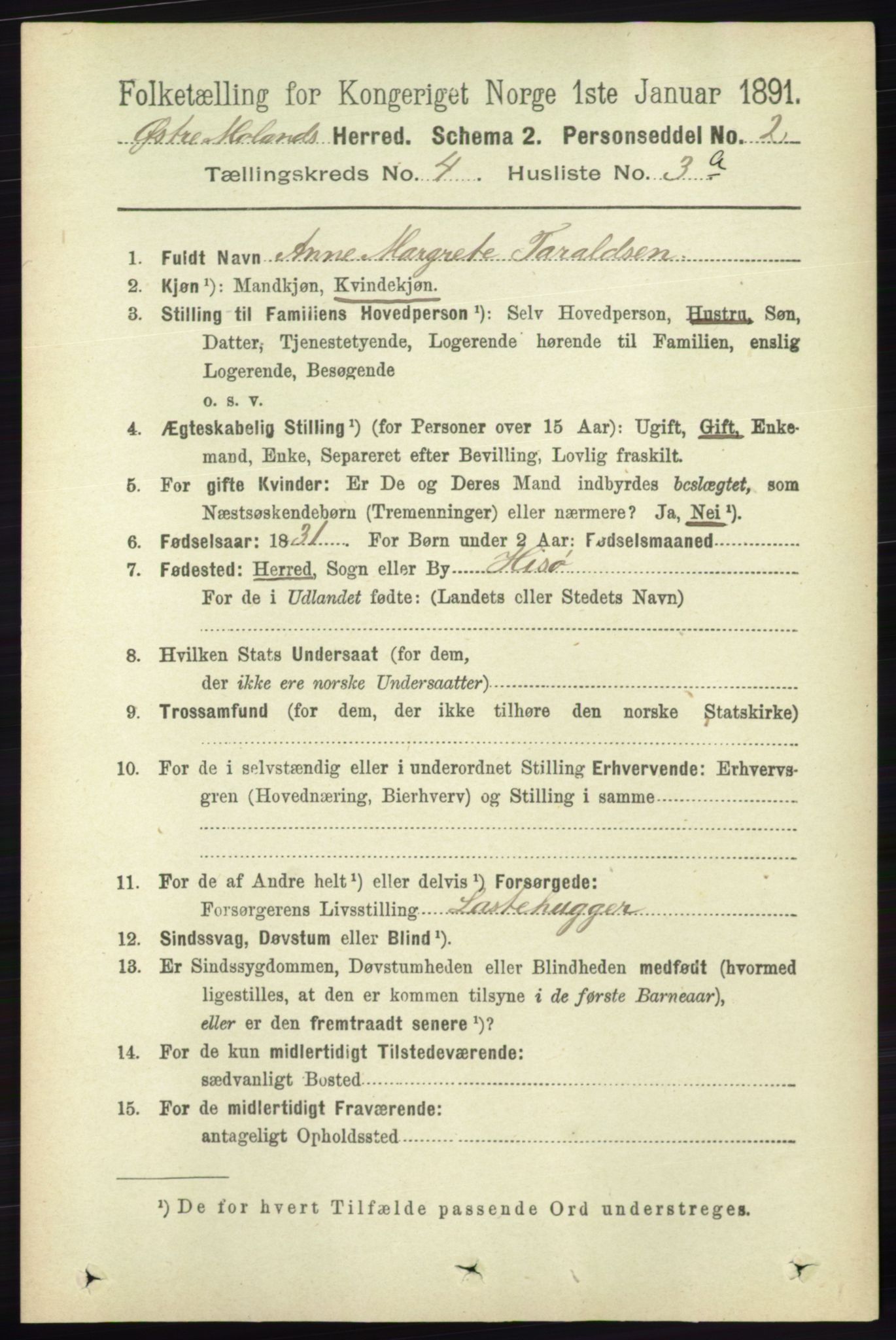 RA, 1891 census for 0918 Austre Moland, 1891, p. 2091