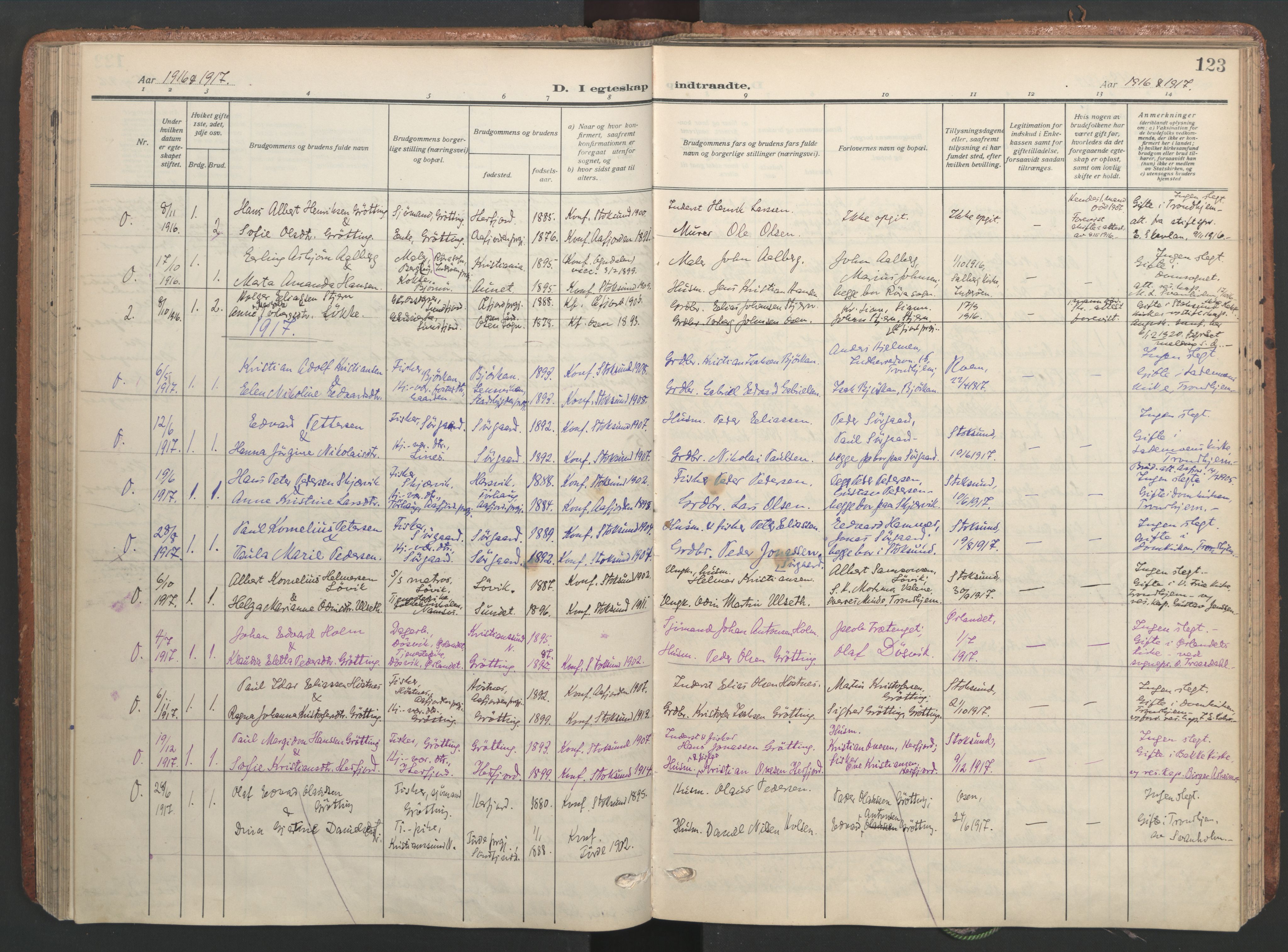 Ministerialprotokoller, klokkerbøker og fødselsregistre - Sør-Trøndelag, SAT/A-1456/656/L0694: Parish register (official) no. 656A03, 1914-1931, p. 123