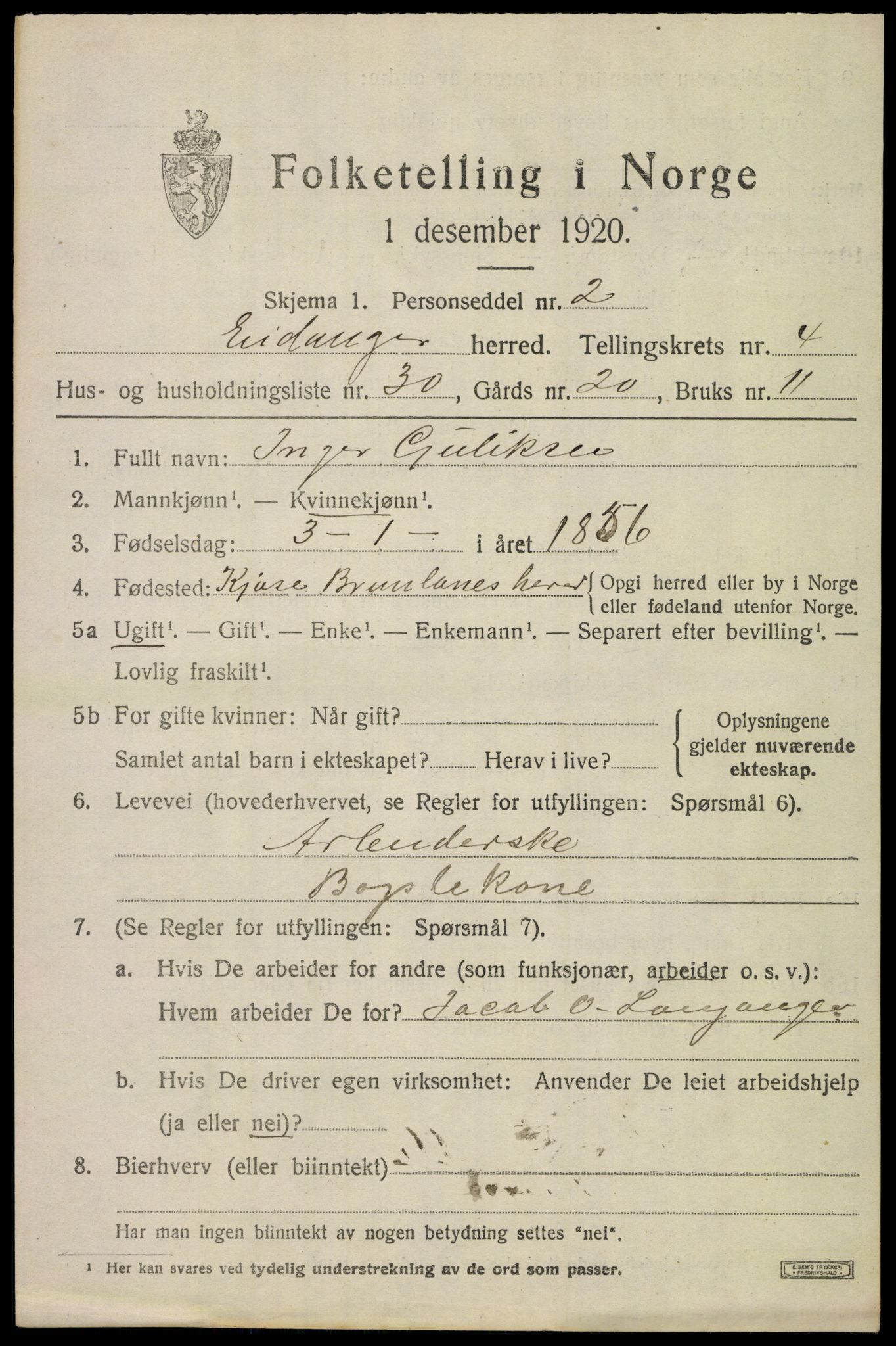 SAKO, 1920 census for Eidanger, 1920, p. 4120