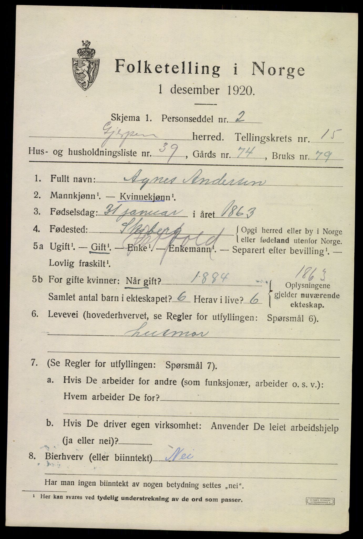 SAKO, 1920 census for Gjerpen, 1920, p. 17710