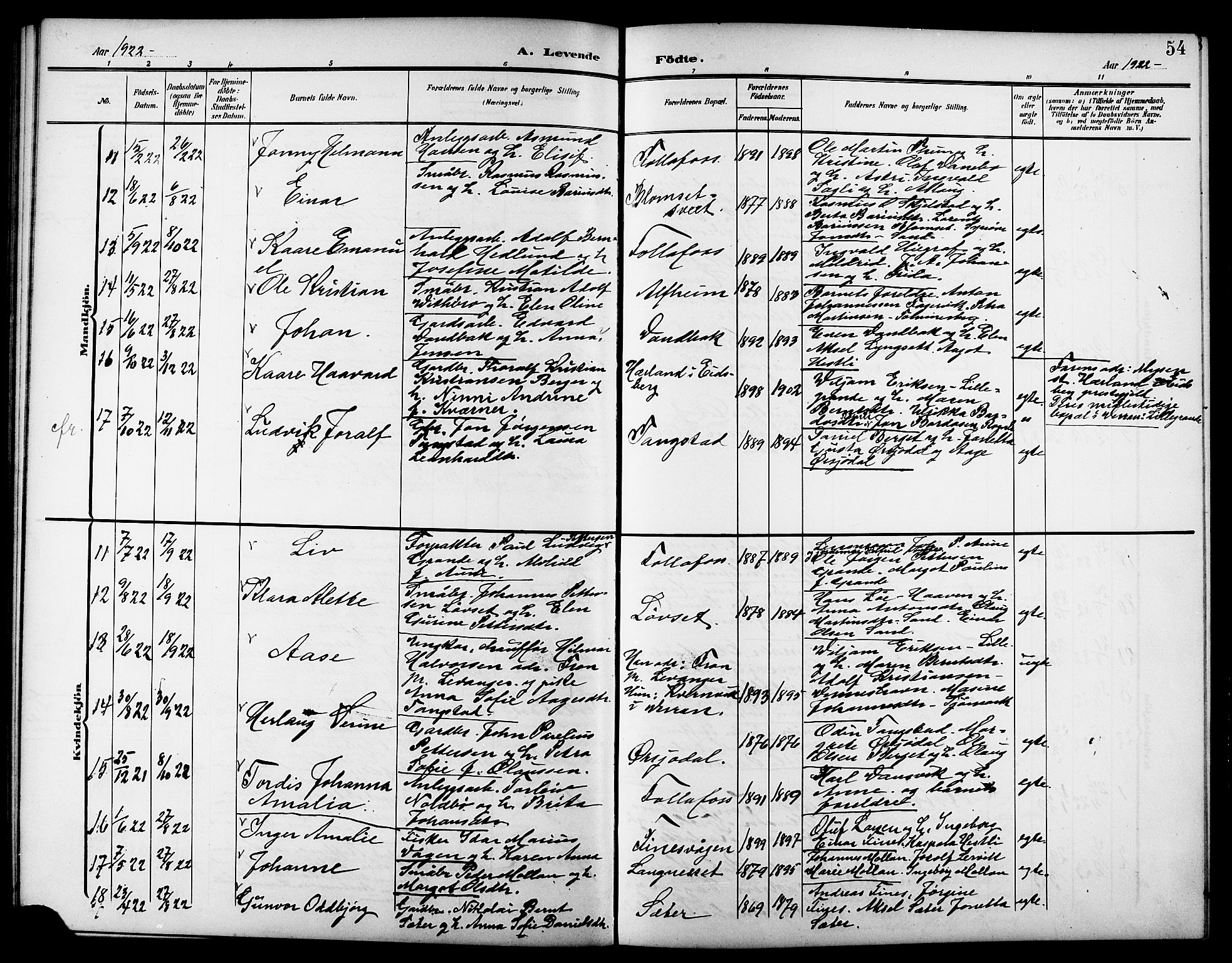 Ministerialprotokoller, klokkerbøker og fødselsregistre - Nord-Trøndelag, AV/SAT-A-1458/744/L0424: Parish register (copy) no. 744C03, 1906-1923, p. 54