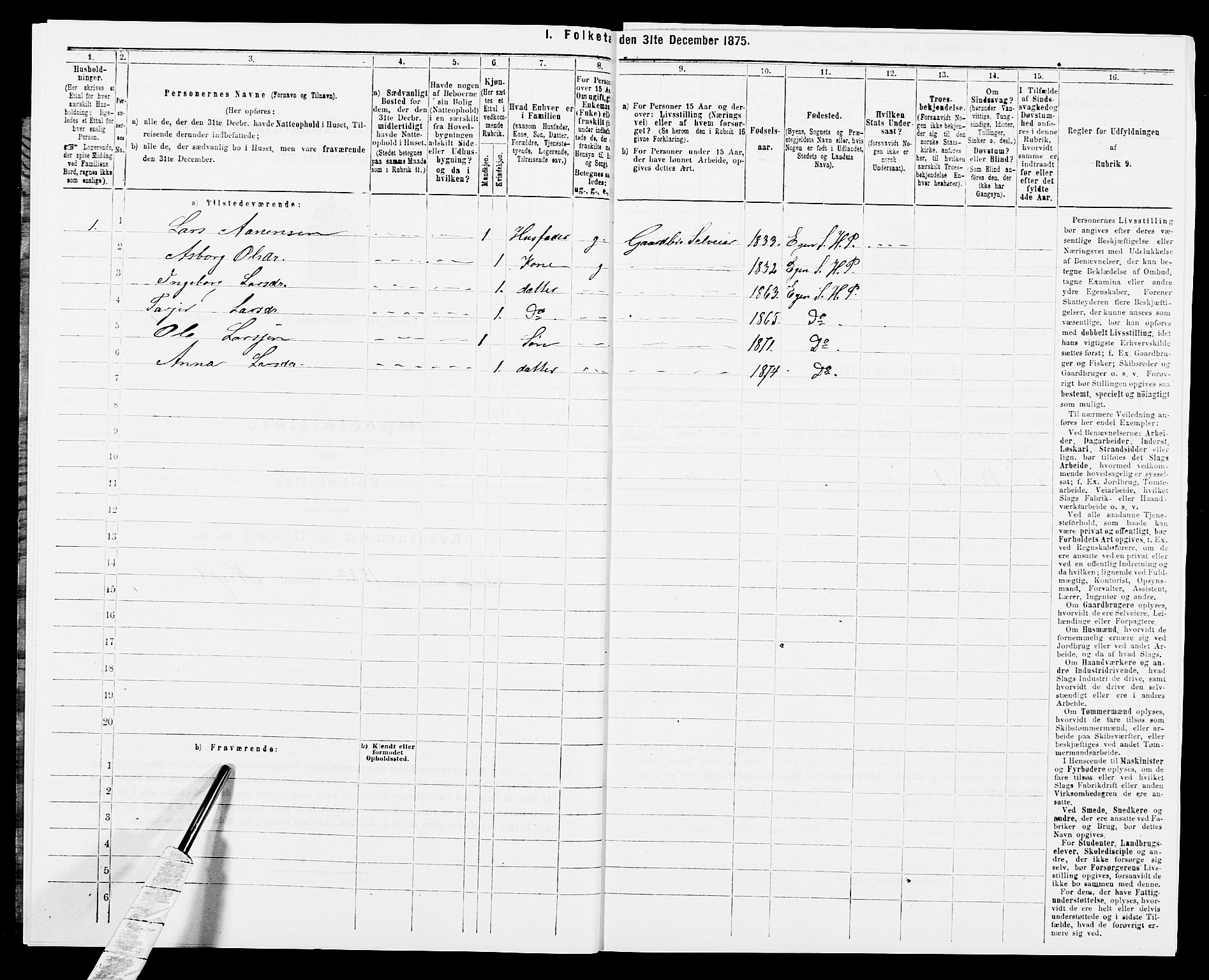 SAK, 1875 census for 1034P Hægebostad, 1875, p. 475