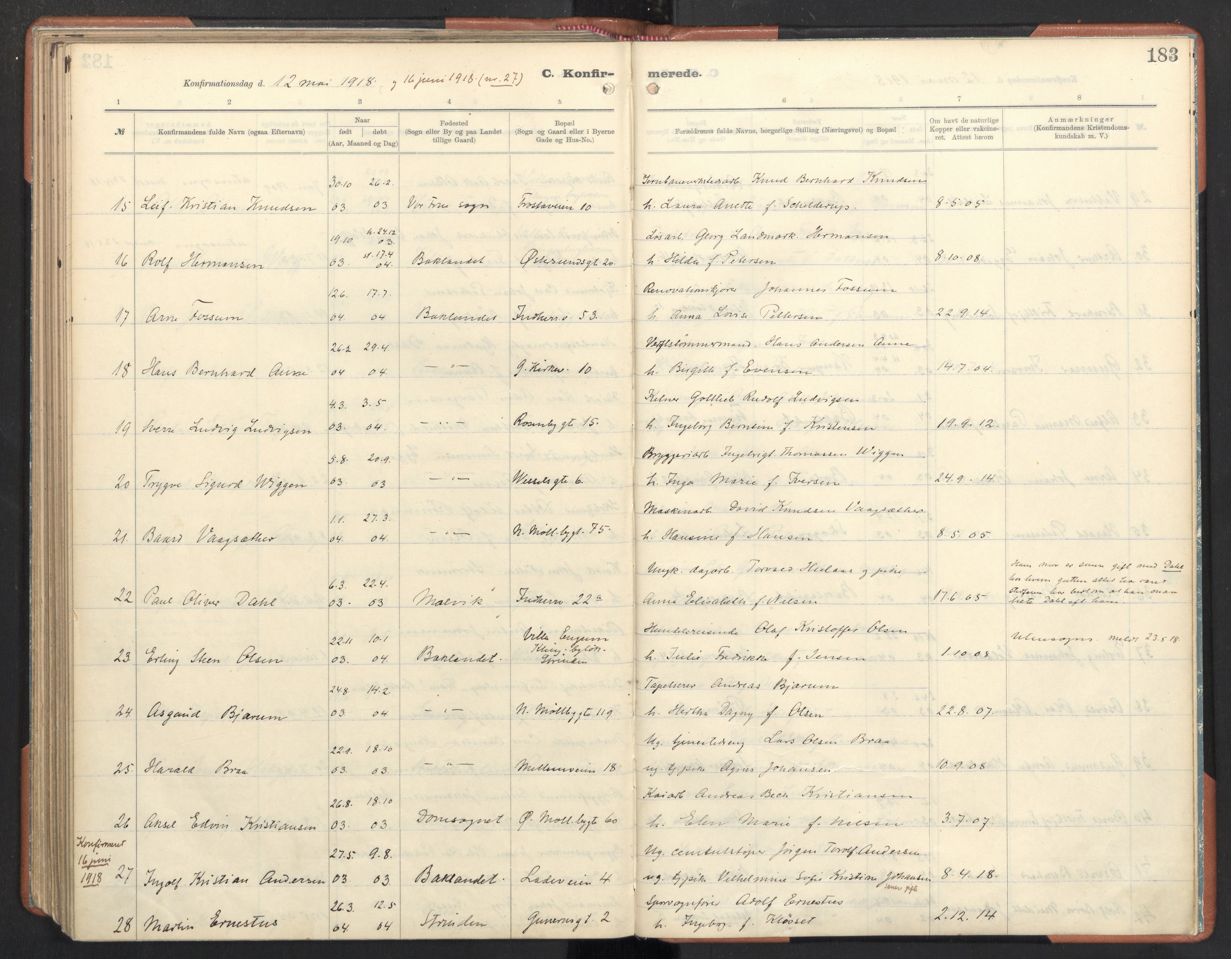 Ministerialprotokoller, klokkerbøker og fødselsregistre - Sør-Trøndelag, SAT/A-1456/605/L0246: Parish register (official) no. 605A08, 1916-1920, p. 183