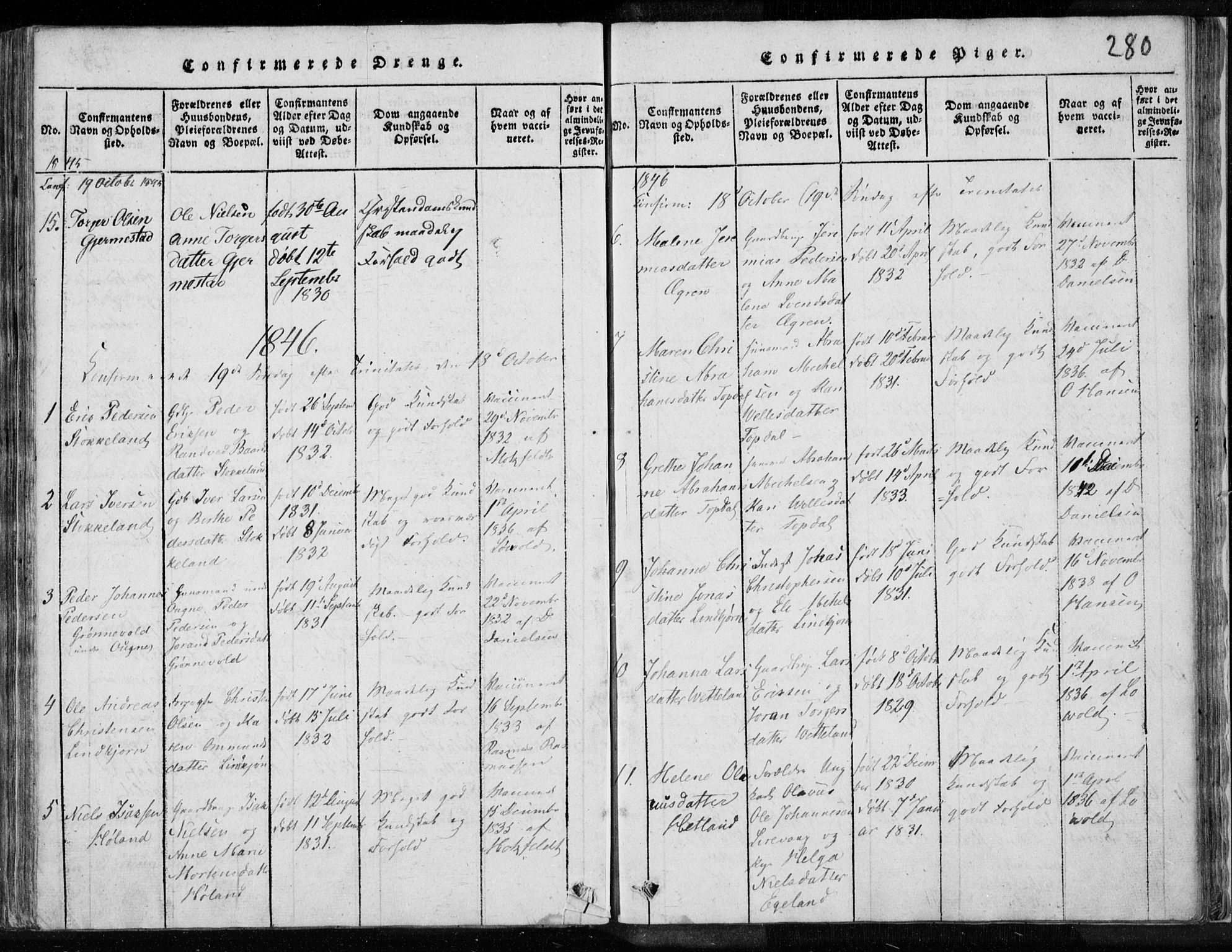 Eigersund sokneprestkontor, SAST/A-101807/S08/L0008: Parish register (official) no. A 8, 1816-1847, p. 280