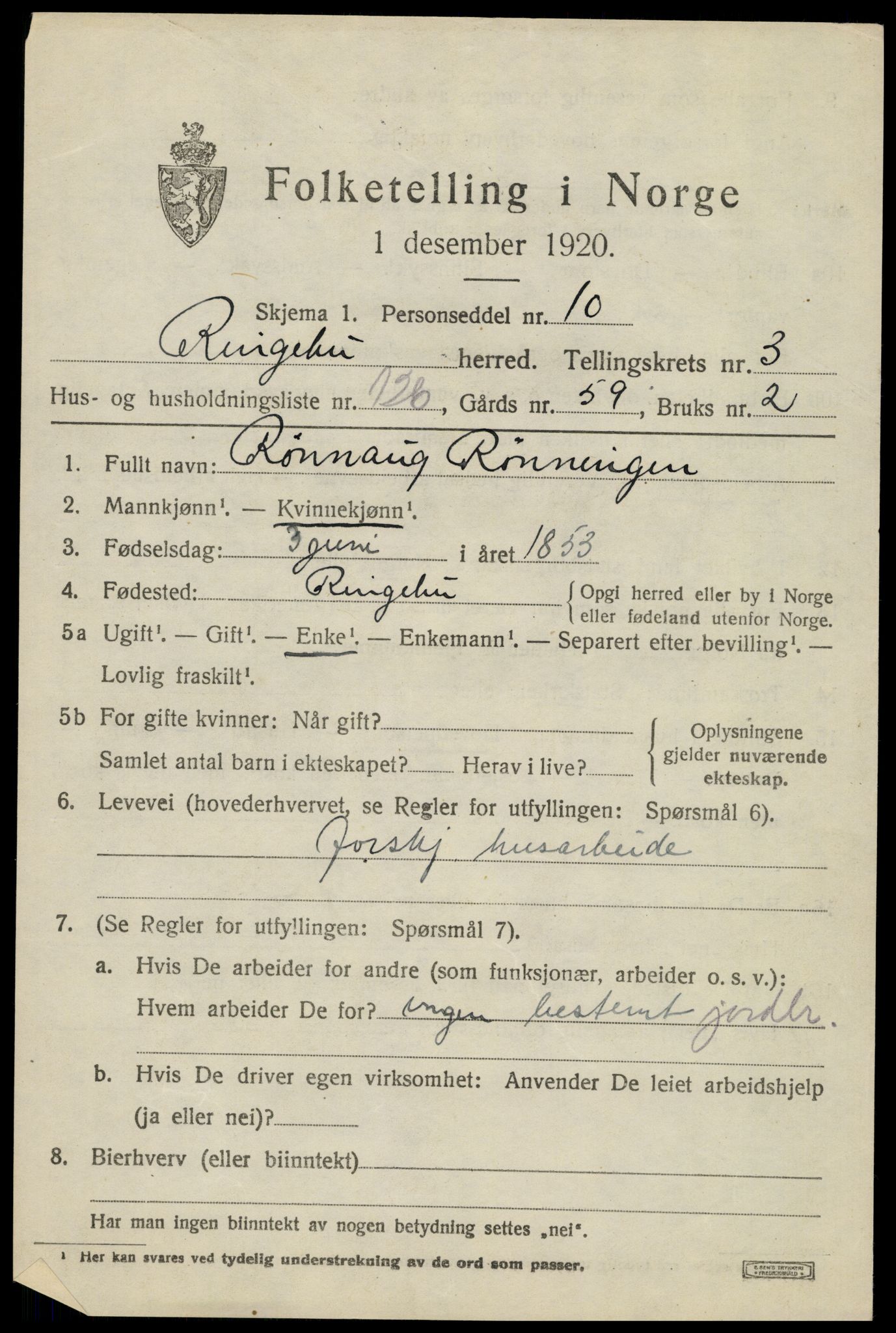 SAH, 1920 census for Ringebu, 1920, p. 5145