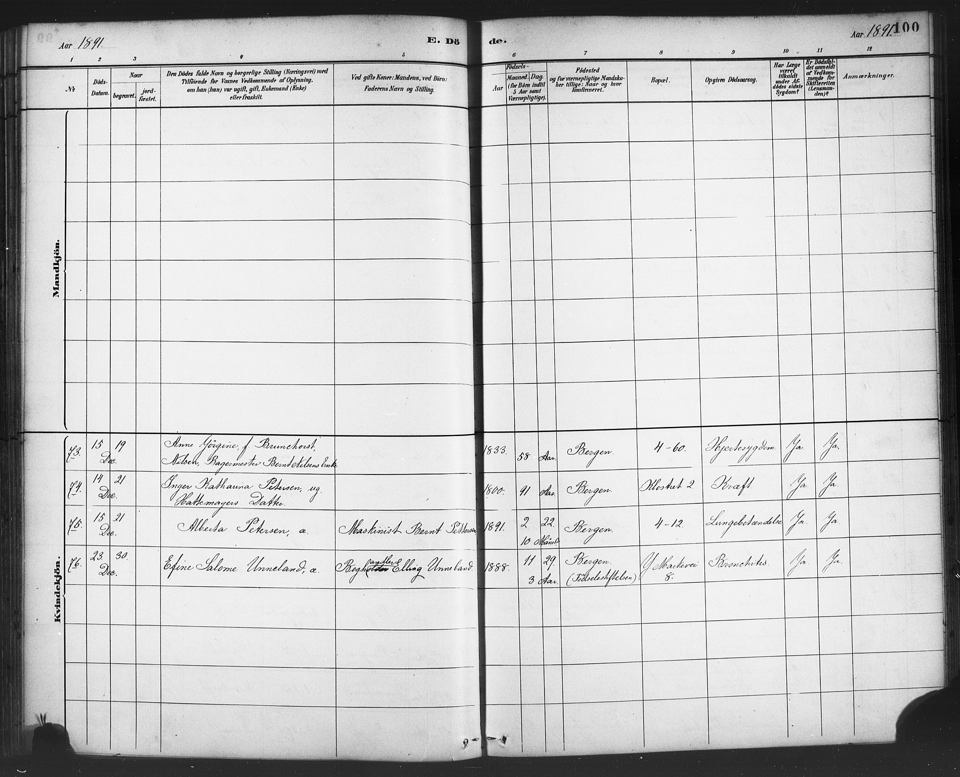 Nykirken Sokneprestembete, AV/SAB-A-77101/H/Haa/L0044: Parish register (official) no. E 4, 1882-1898, p. 100