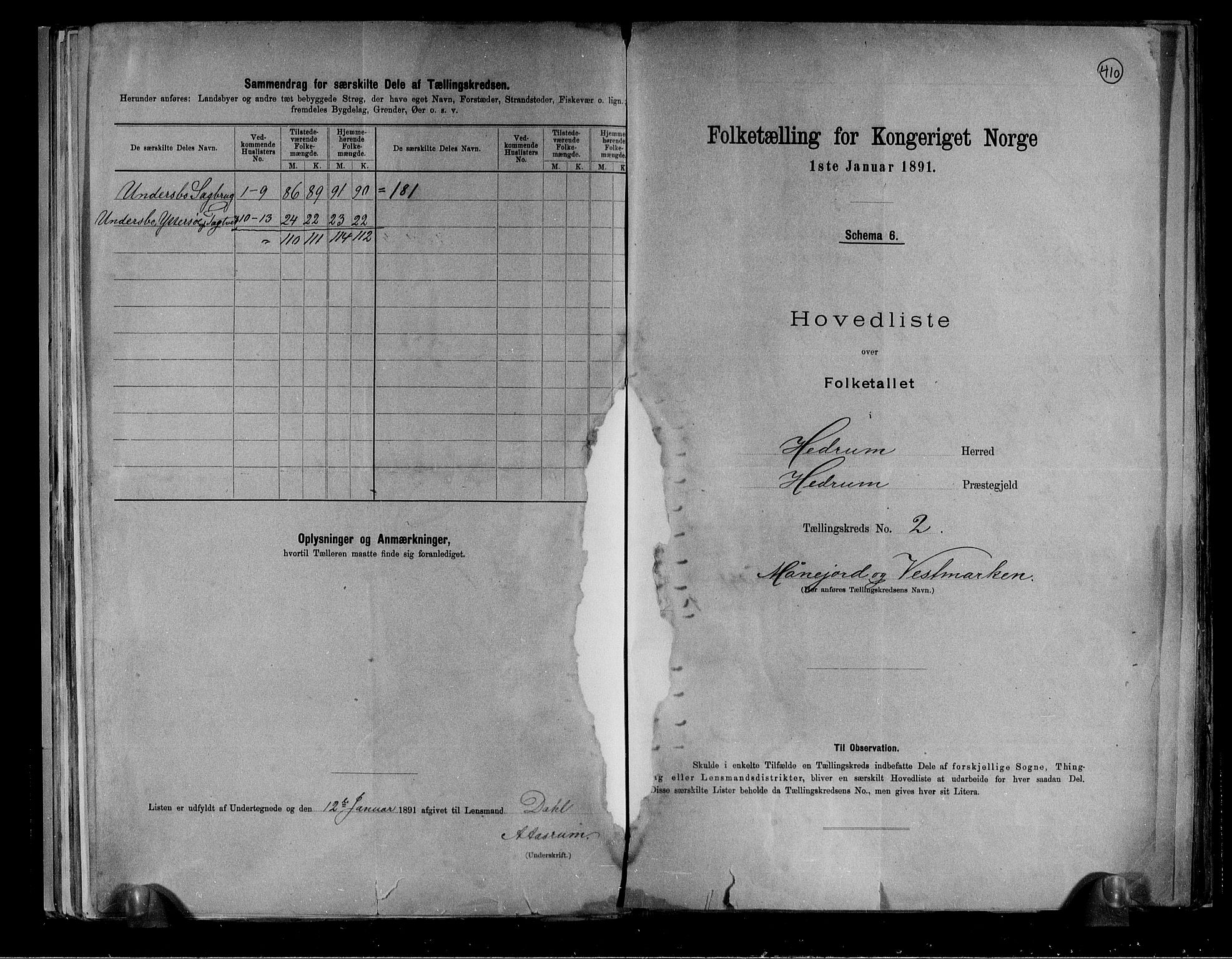 RA, 1891 census for 0727 Hedrum, 1891, p. 6