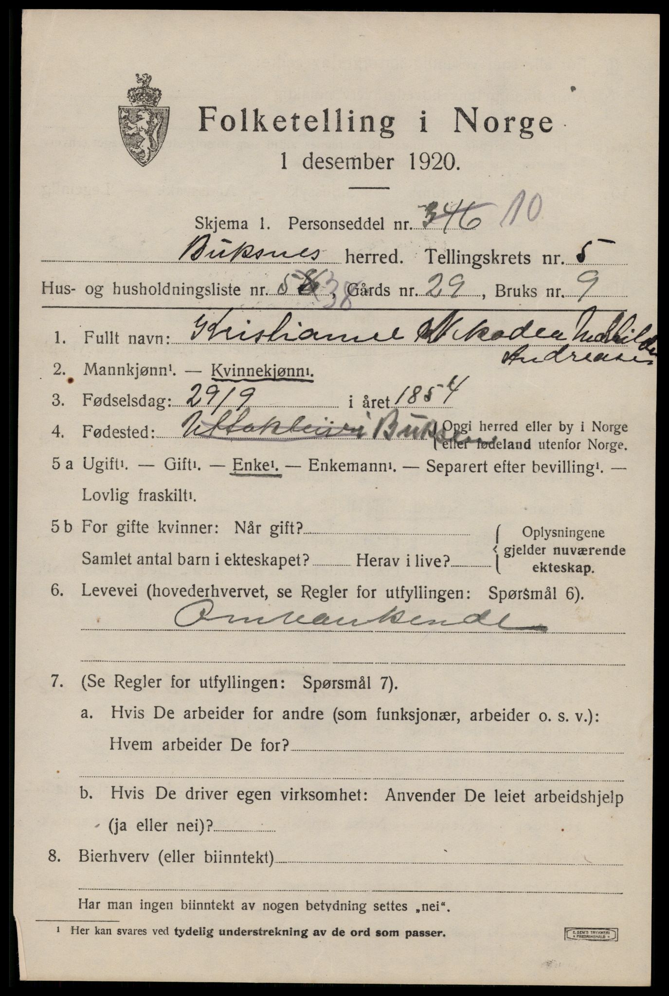 SAT, 1920 census for Buksnes, 1920, p. 5767