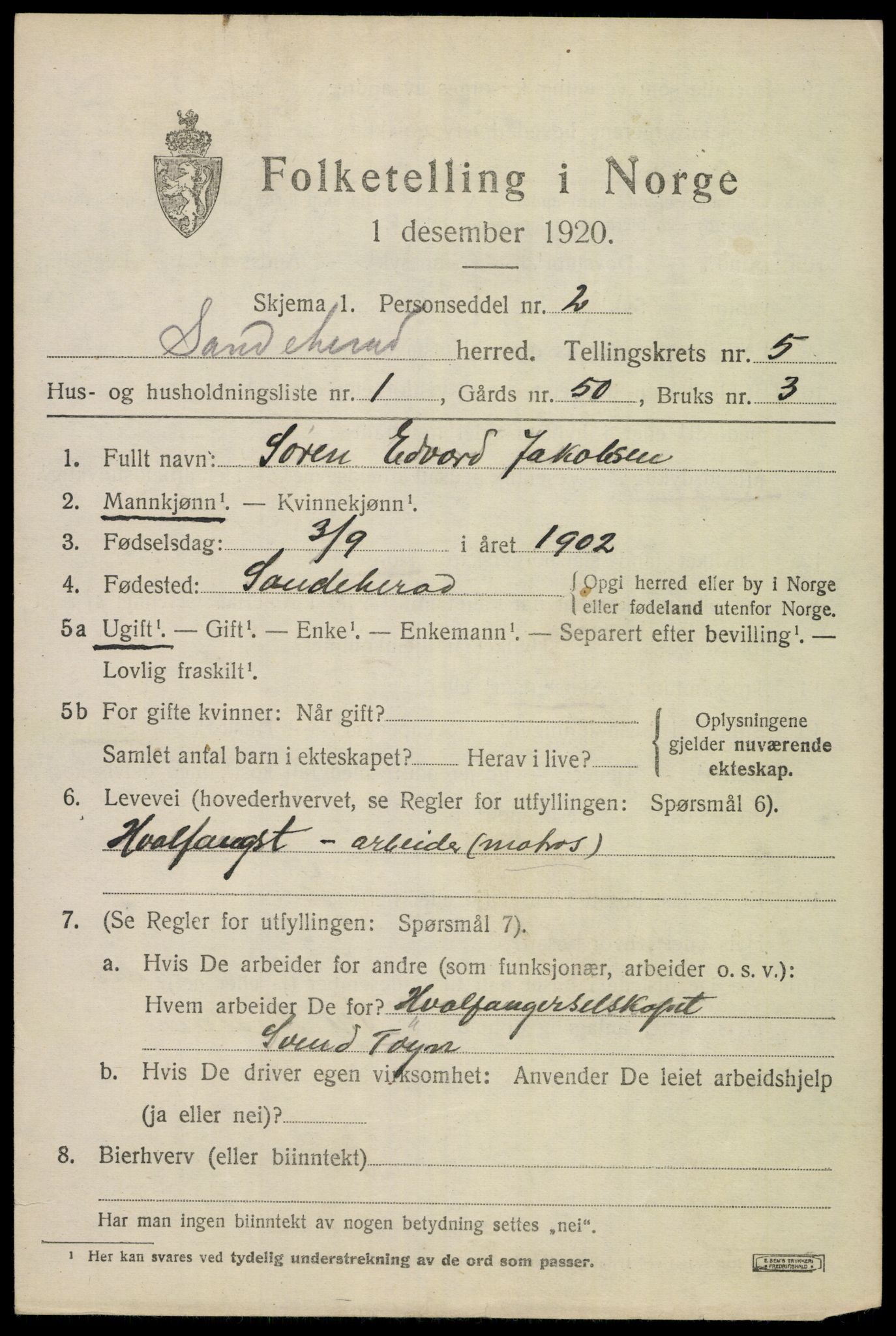 SAKO, 1920 census for Sandeherred, 1920, p. 8052
