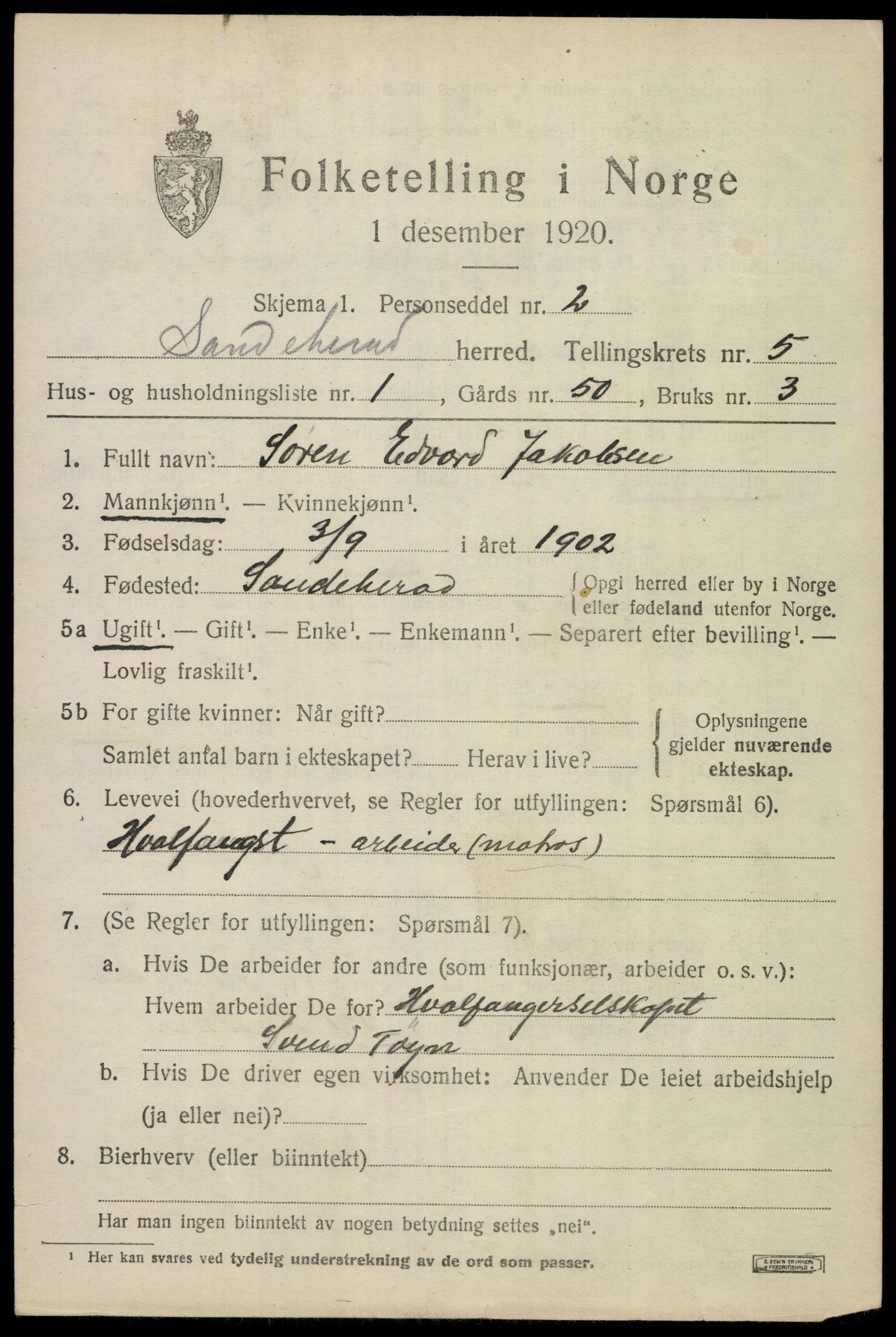 SAKO, 1920 census for Sandeherred, 1920, p. 8052