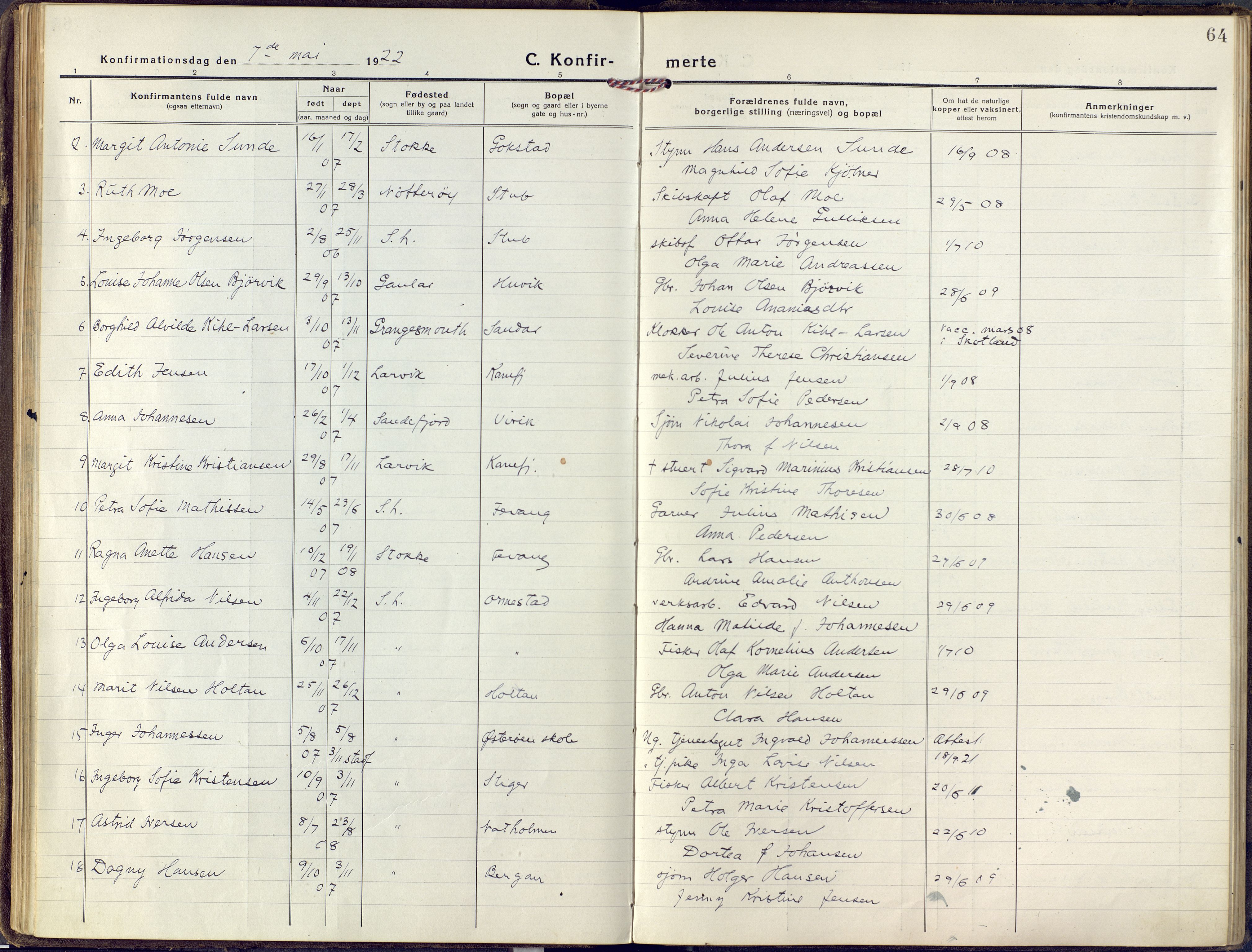 Sandar kirkebøker, AV/SAKO-A-243/F/Fa/L0018: Parish register (official) no. 18, 1917-1926, p. 64