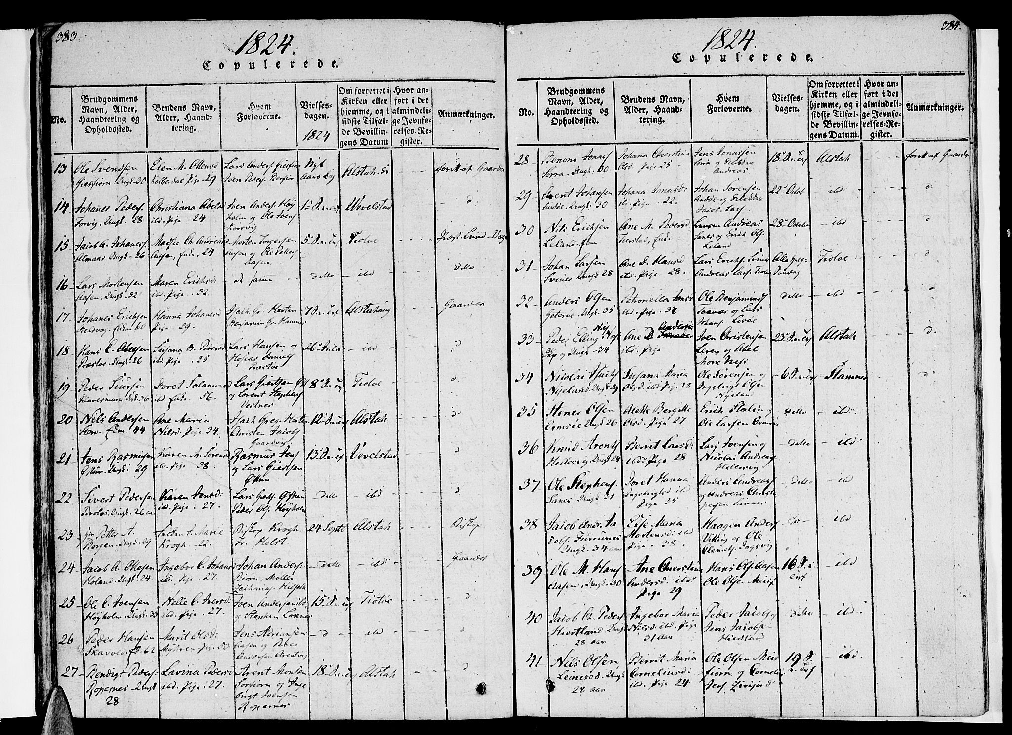 Ministerialprotokoller, klokkerbøker og fødselsregistre - Nordland, SAT/A-1459/830/L0445: Parish register (official) no. 830A09, 1820-1830, p. 383-384