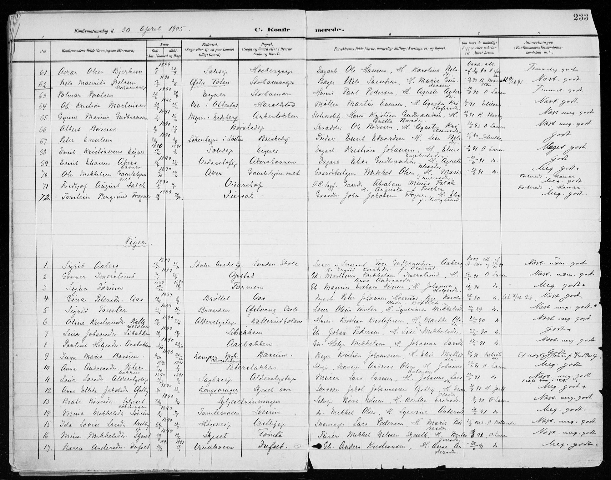 Vang prestekontor, Hedmark, AV/SAH-PREST-008/H/Ha/Haa/L0021: Parish register (official) no. 21, 1902-1917, p. 233