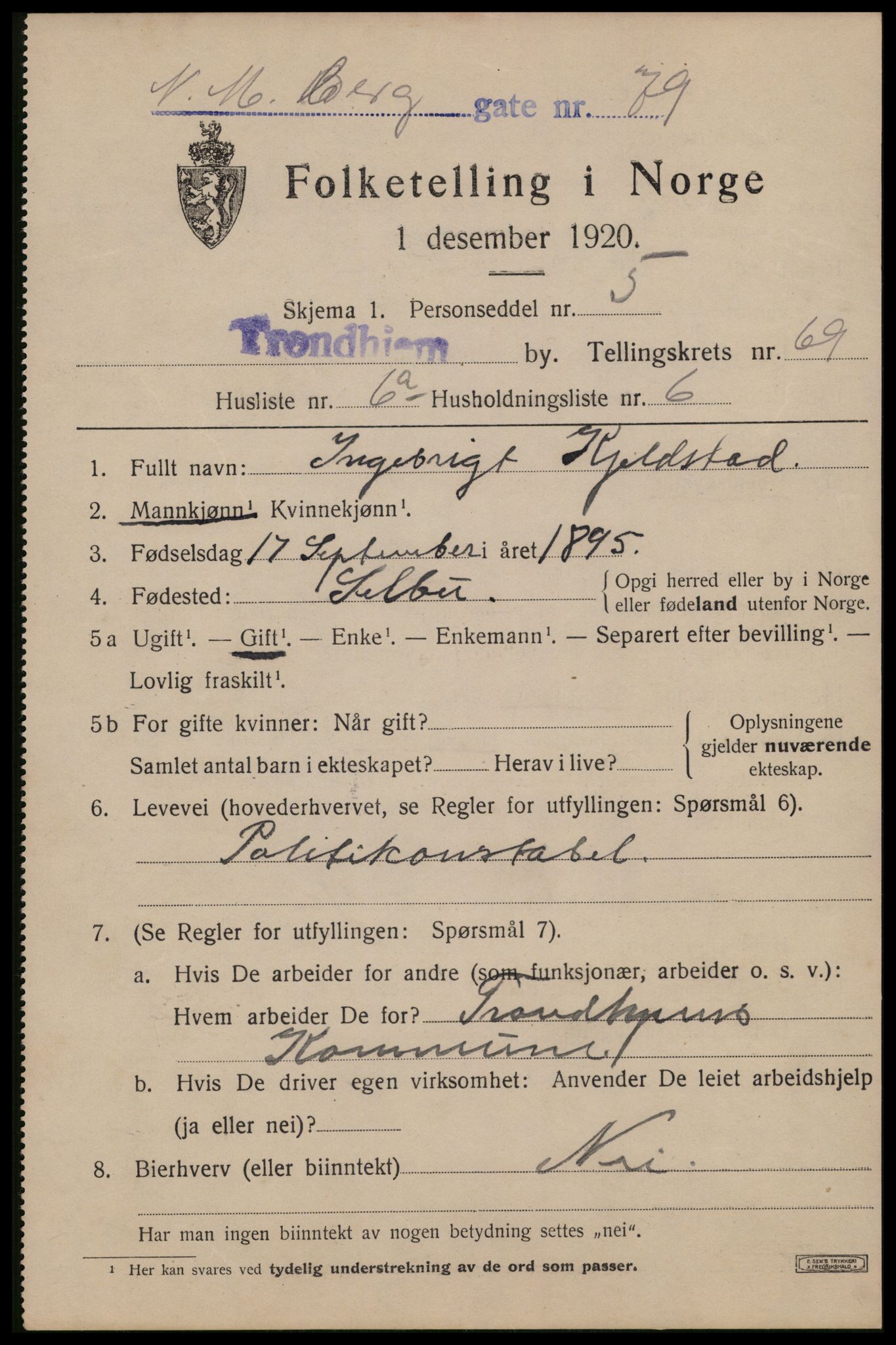 SAT, 1920 census for Trondheim, 1920, p. 136472