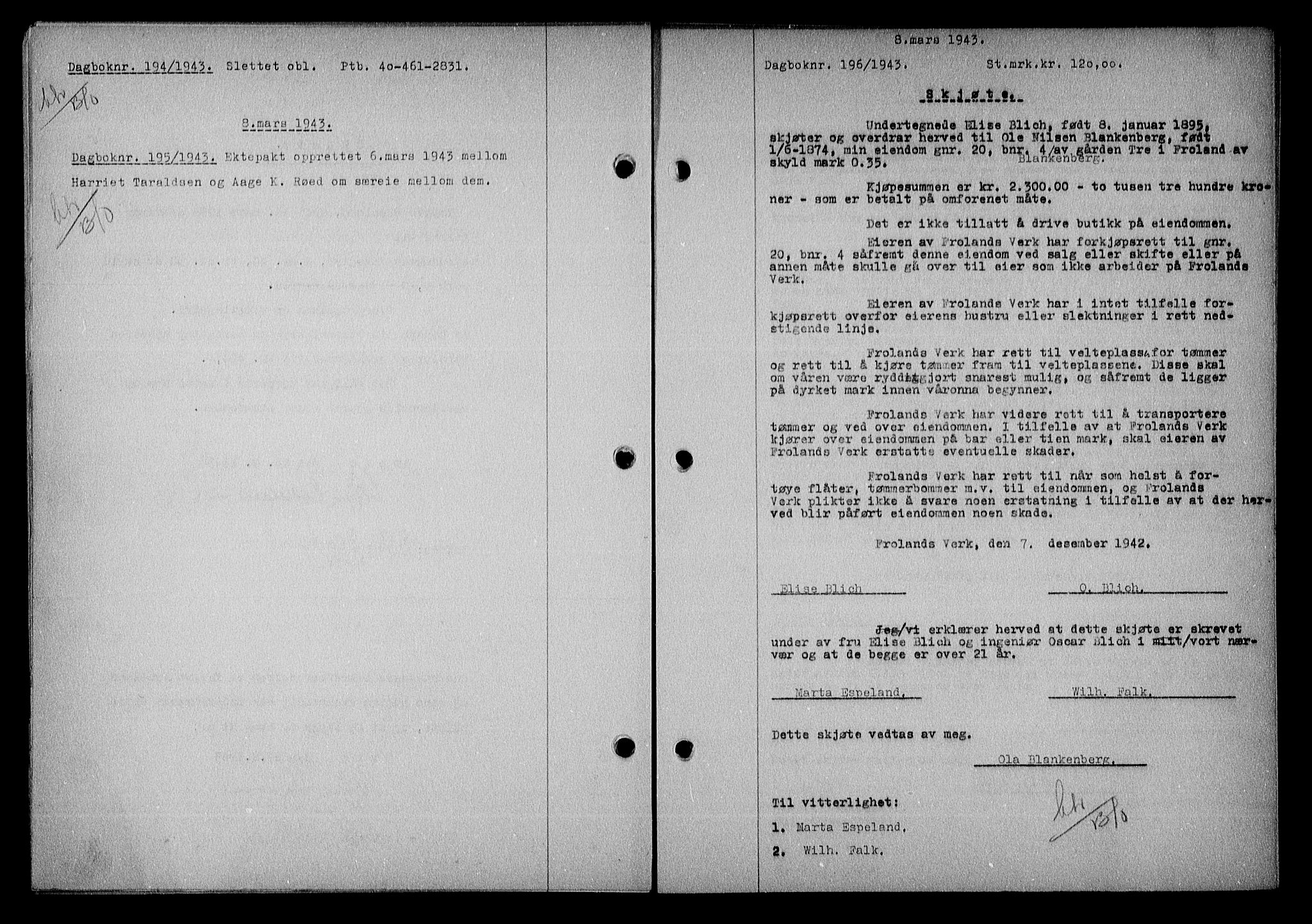Nedenes sorenskriveri, SAK/1221-0006/G/Gb/Gba/L0050: Mortgage book no. A-IV, 1942-1943, Diary no: : 196/1943