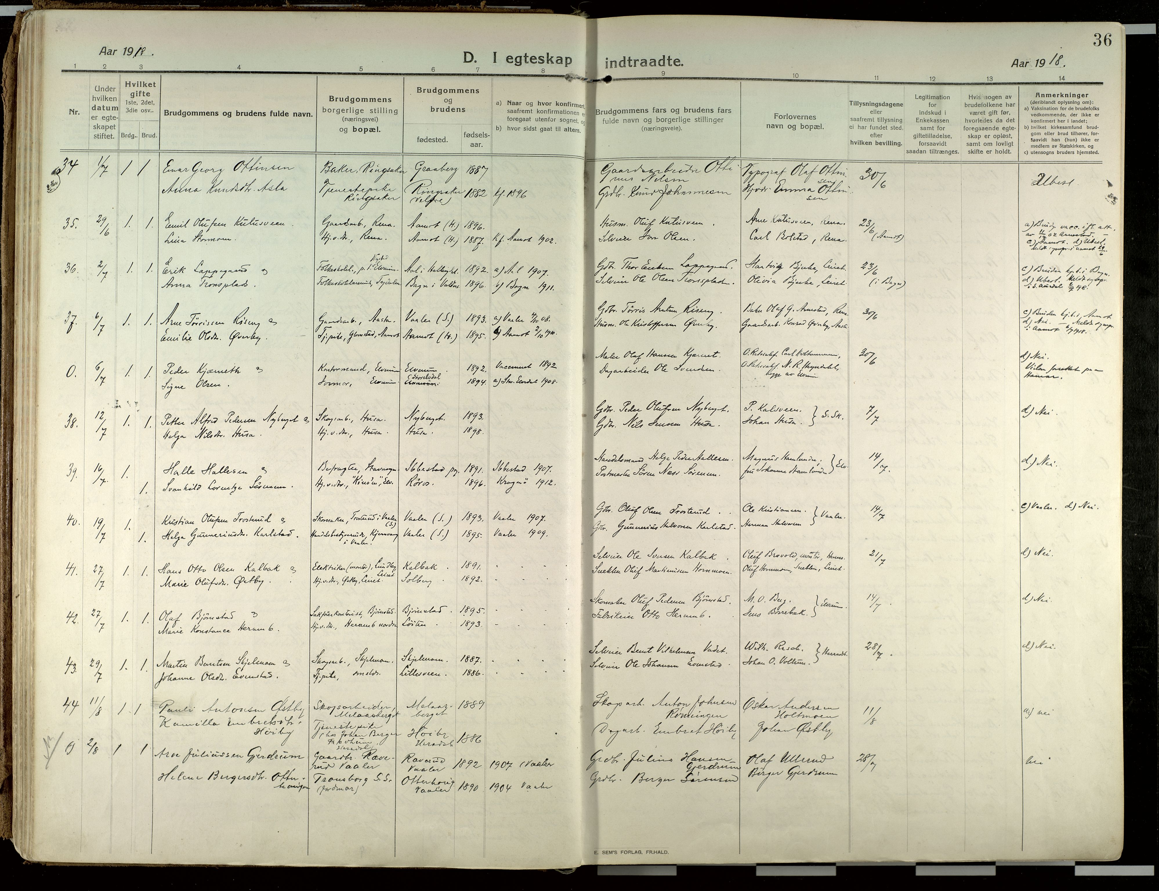 Elverum prestekontor, SAH/PREST-044/H/Ha/Haa/L0021: Parish register (official) no. 21, 1913-1928, p. 36
