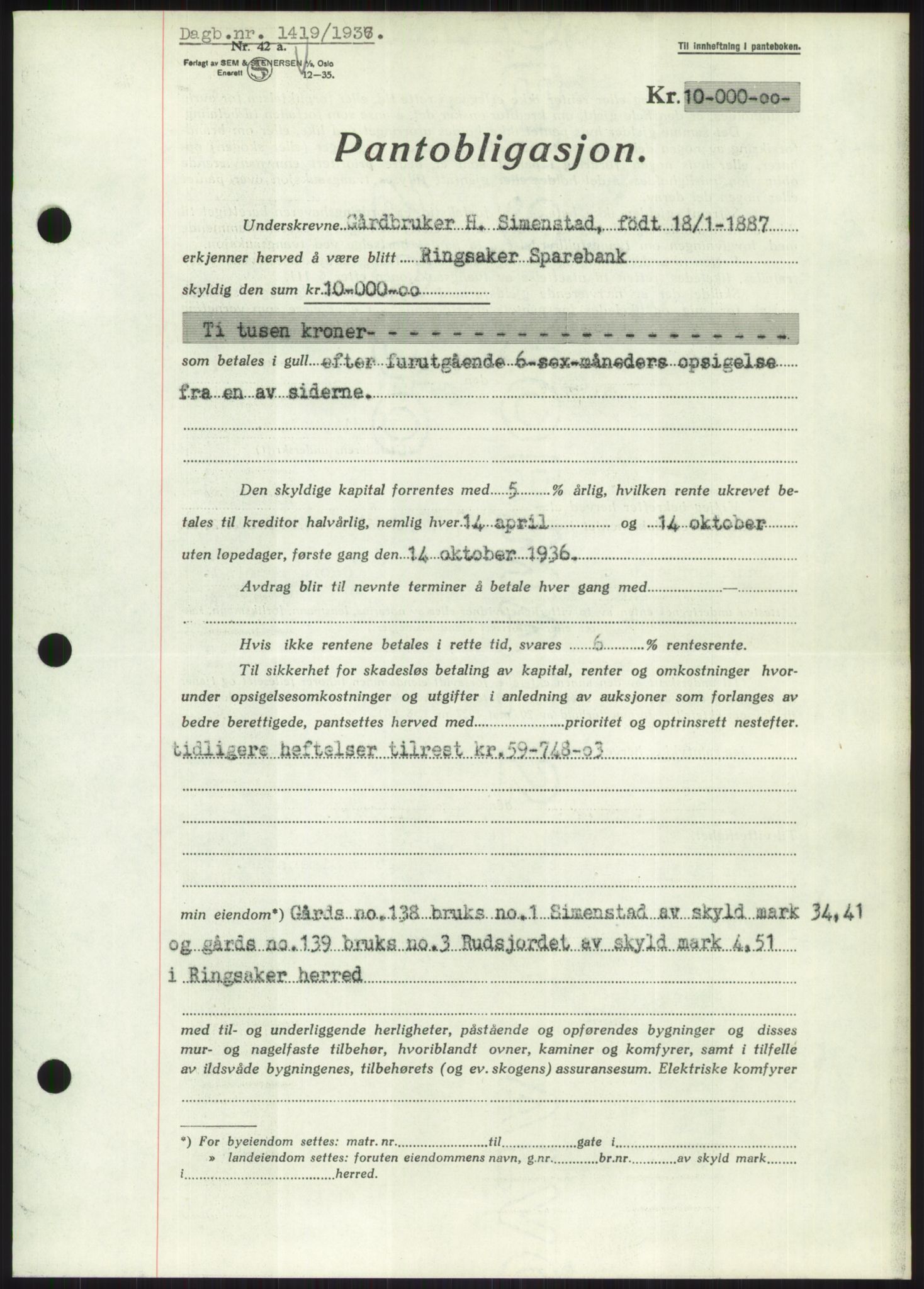 Nord-Hedmark sorenskriveri, SAH/TING-012/H/Hb/Hbf/L0001: Mortgage book no. B1, 1936-1936, Diary no: : 1419/1936