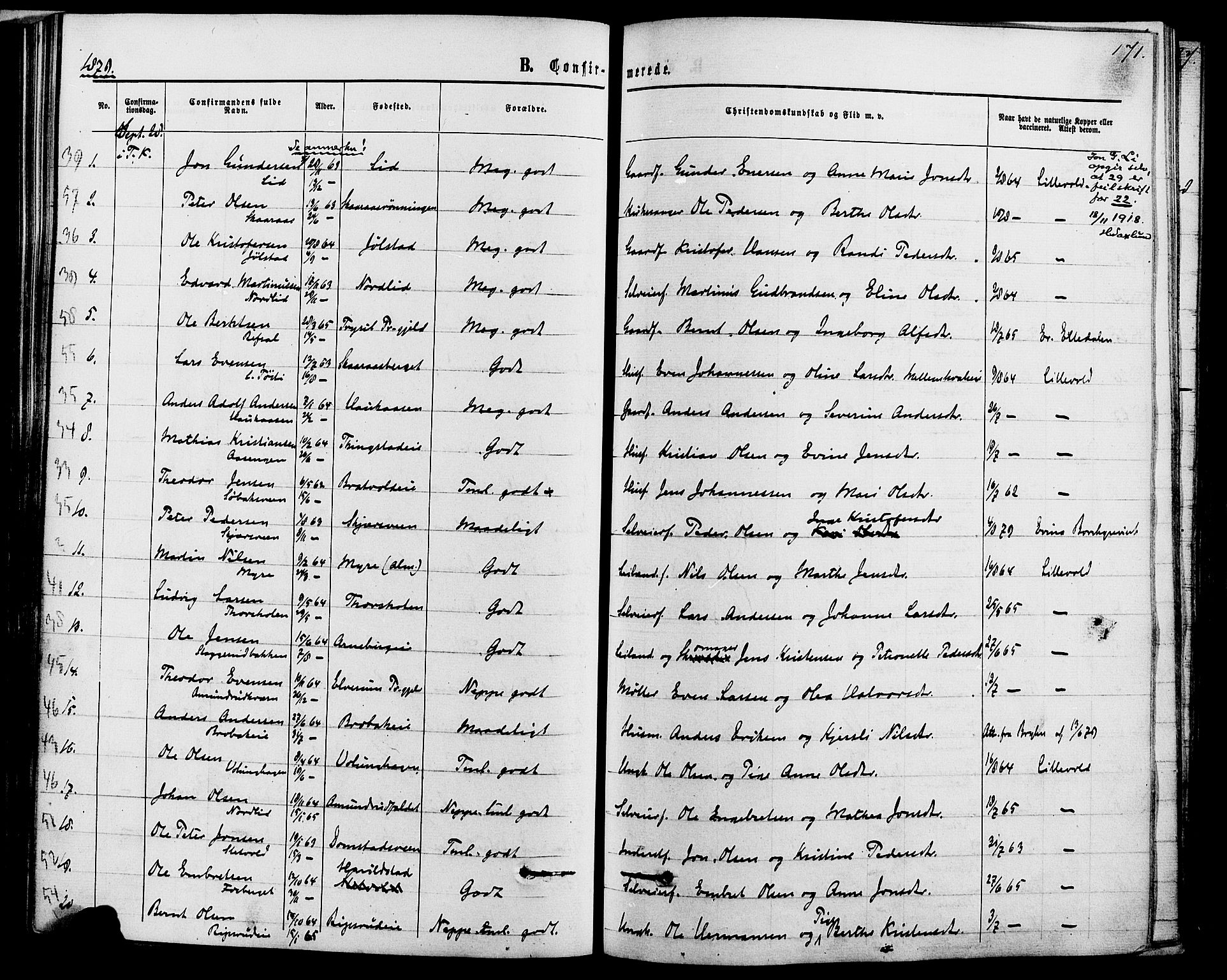 Romedal prestekontor, SAH/PREST-004/K/L0006: Parish register (official) no. 6, 1866-1886, p. 171