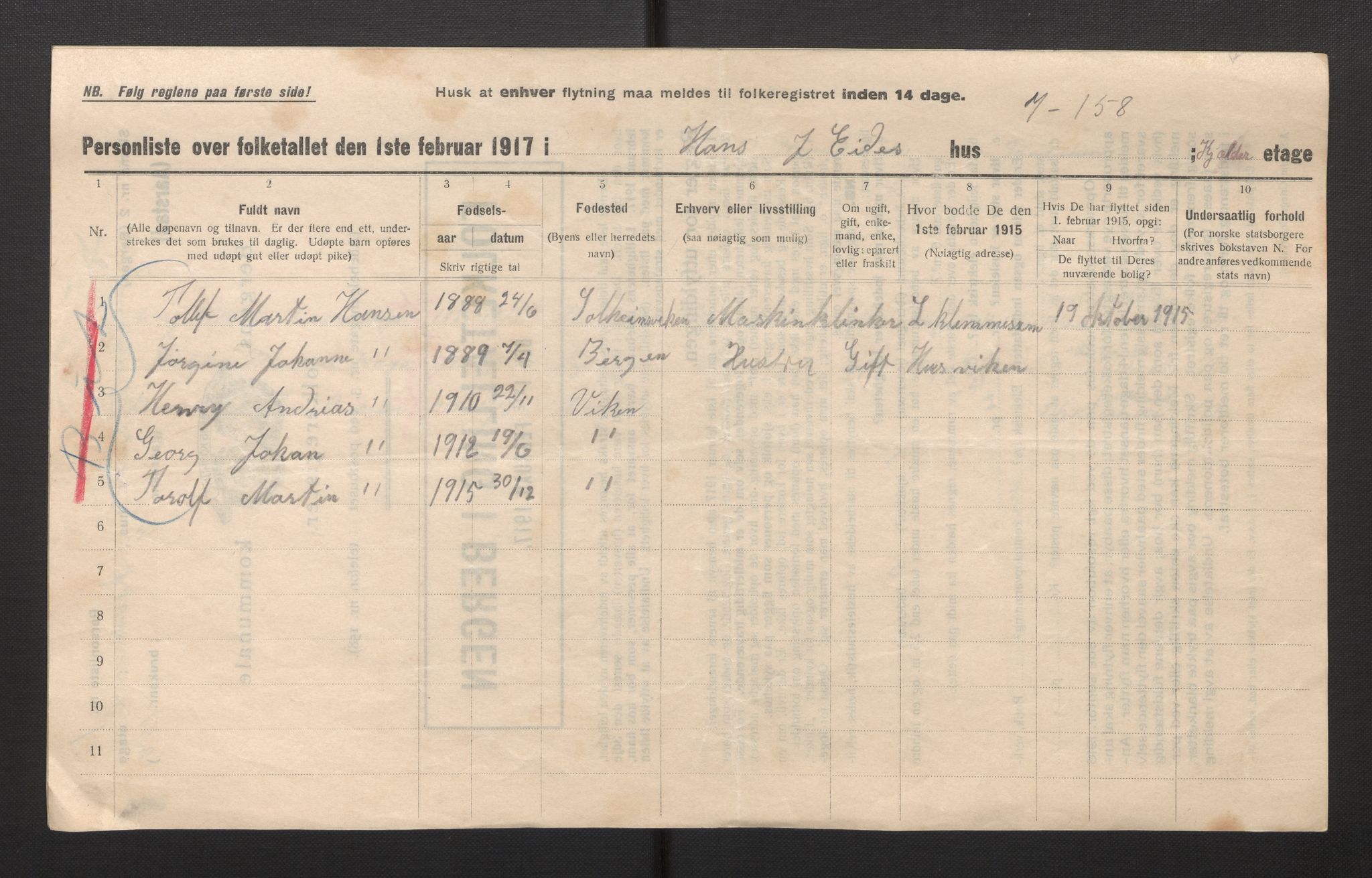 SAB, Municipal Census 1917 for Bergen, 1917, p. 49352