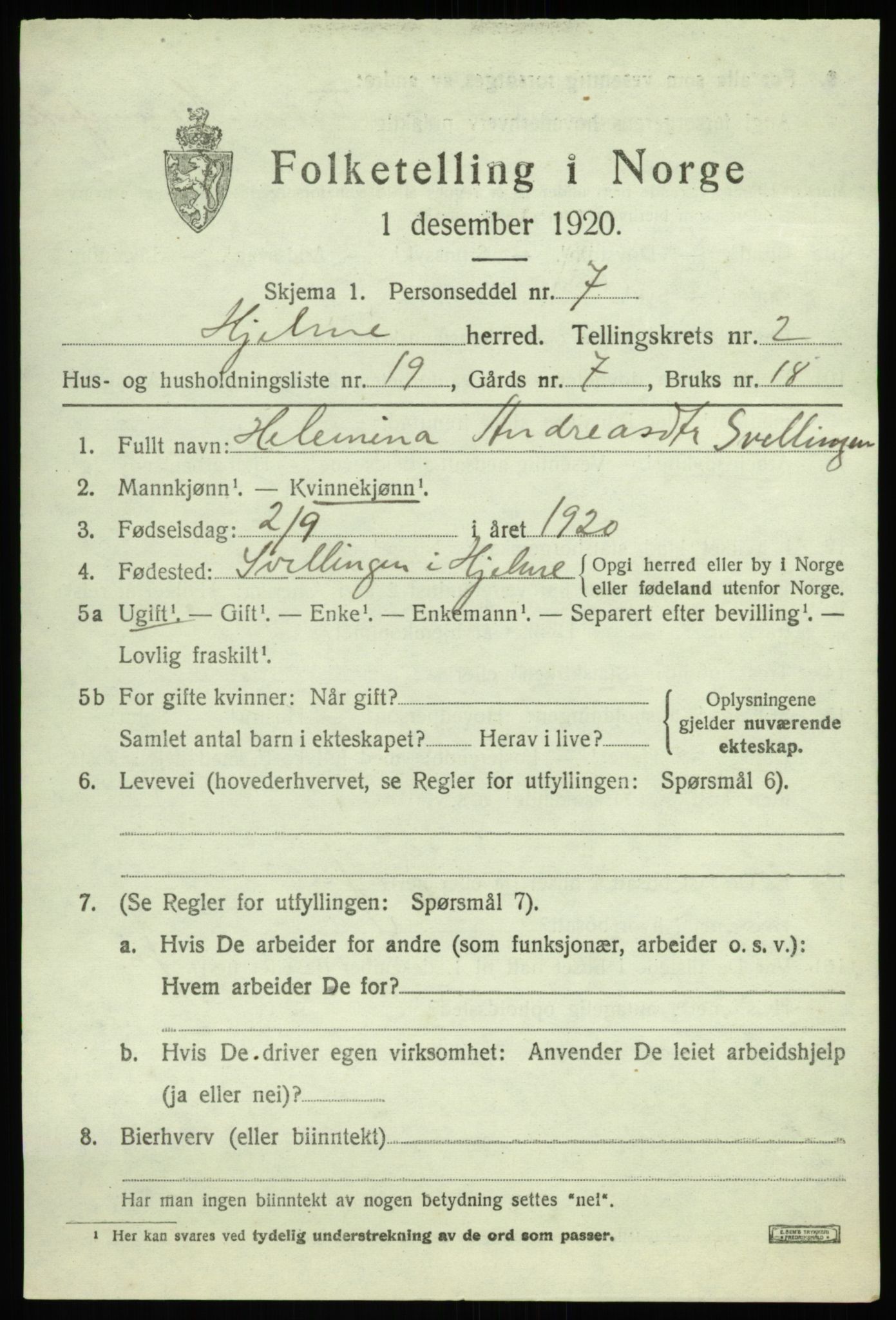 SAB, 1920 census for Hjelme, 1920, p. 1316