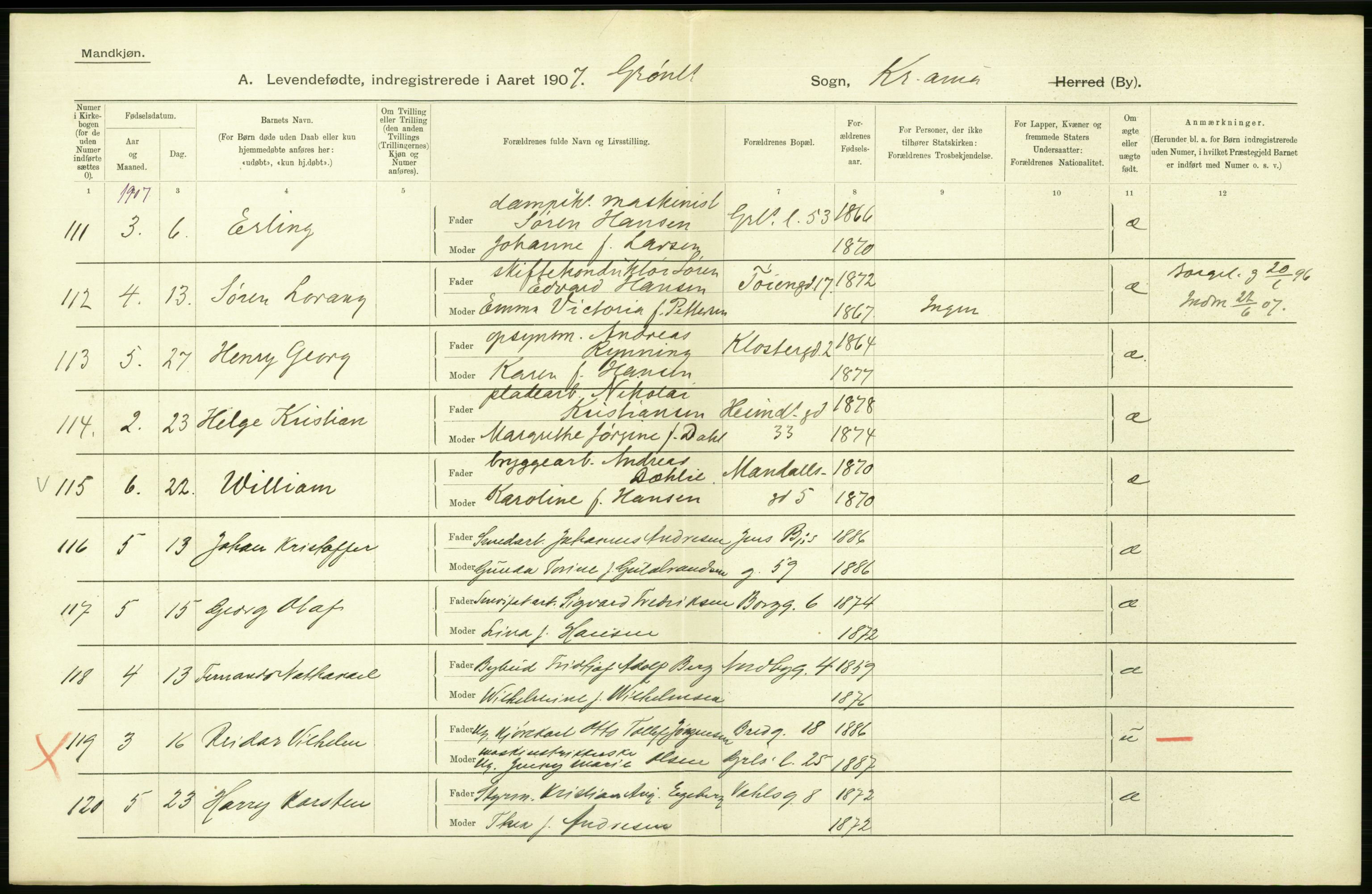 Statistisk sentralbyrå, Sosiodemografiske emner, Befolkning, AV/RA-S-2228/D/Df/Dfa/Dfae/L0007: Kristiania: Levendefødte menn og kvinner., 1907, p. 300