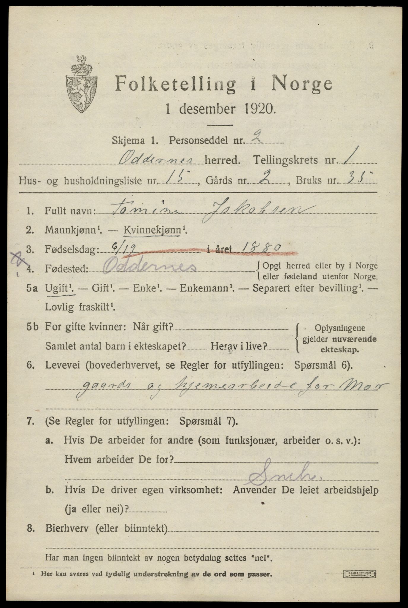 SAK, 1920 census for Oddernes, 1920, p. 2191