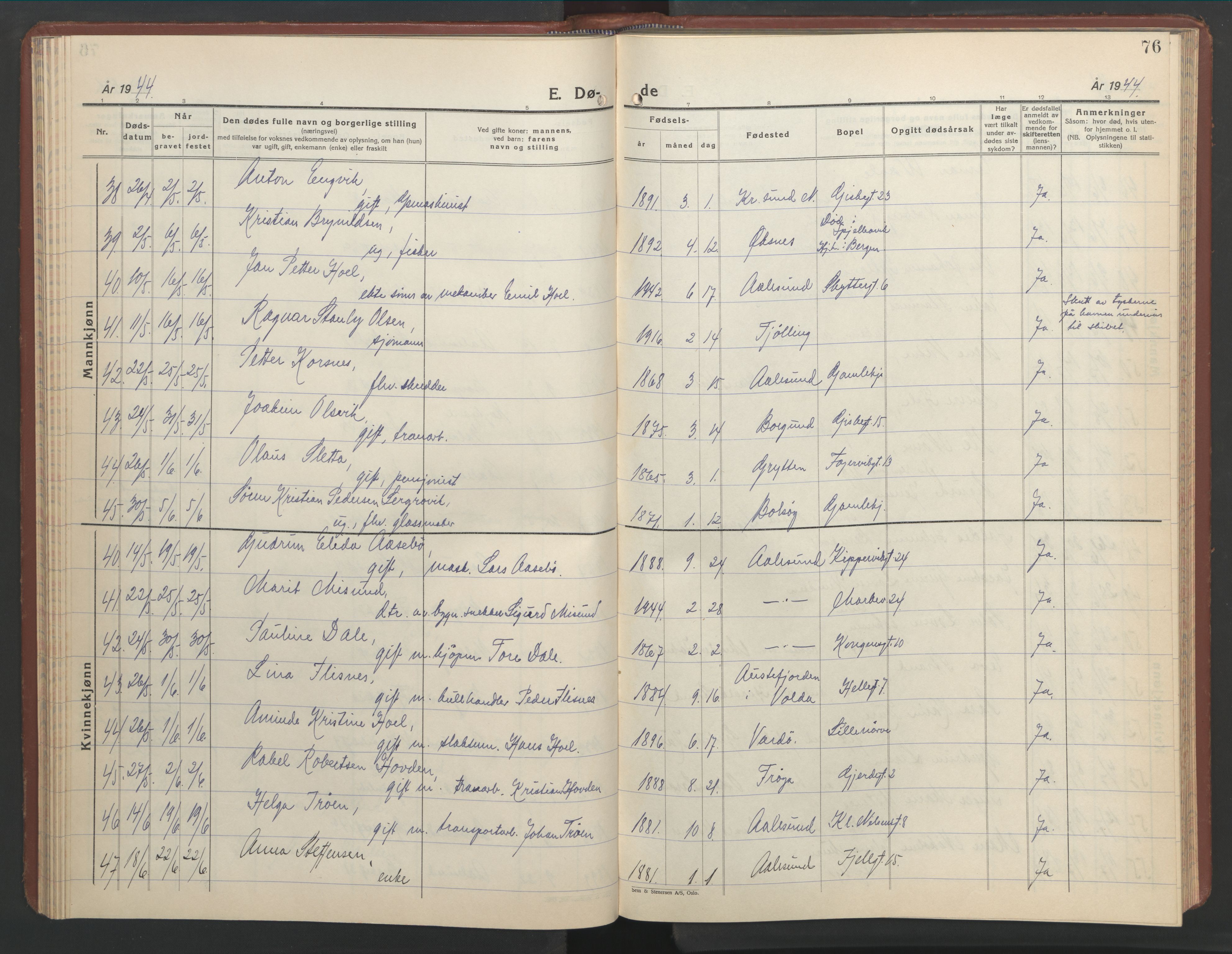 Ministerialprotokoller, klokkerbøker og fødselsregistre - Møre og Romsdal, AV/SAT-A-1454/529/L0478: Parish register (copy) no. 529C15, 1938-1951, p. 76