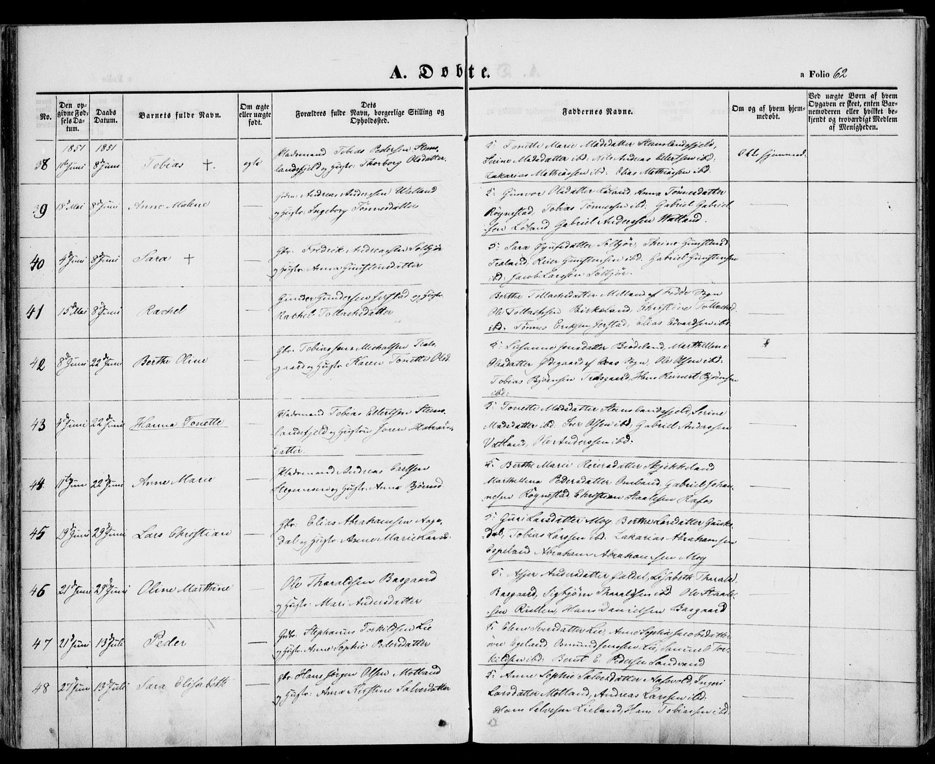 Kvinesdal sokneprestkontor, AV/SAK-1111-0026/F/Fa/Fab/L0005: Parish register (official) no. A 5, 1844-1857, p. 62