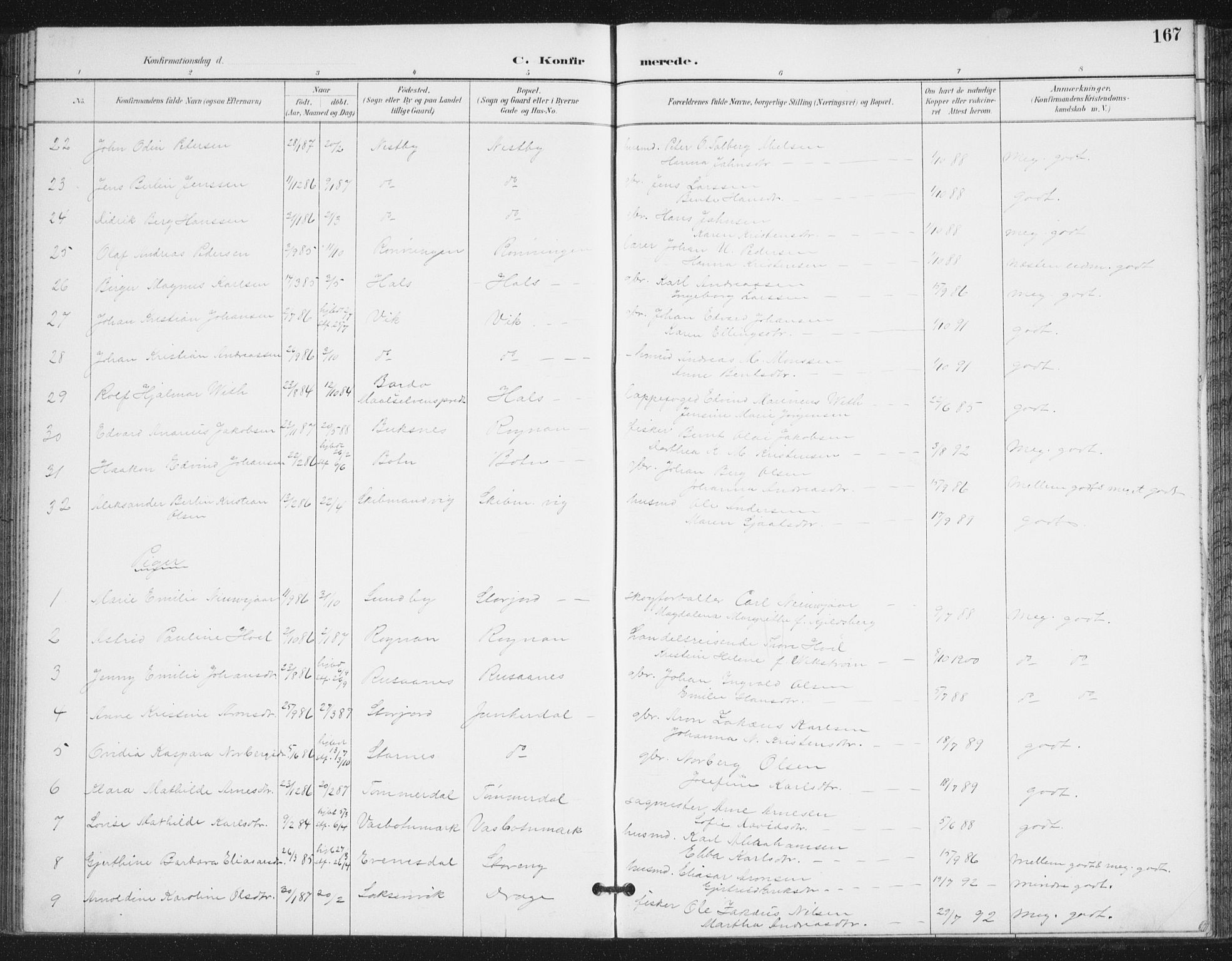 Ministerialprotokoller, klokkerbøker og fødselsregistre - Nordland, SAT/A-1459/847/L0682: Parish register (copy) no. 847C10, 1889-1907, p. 167