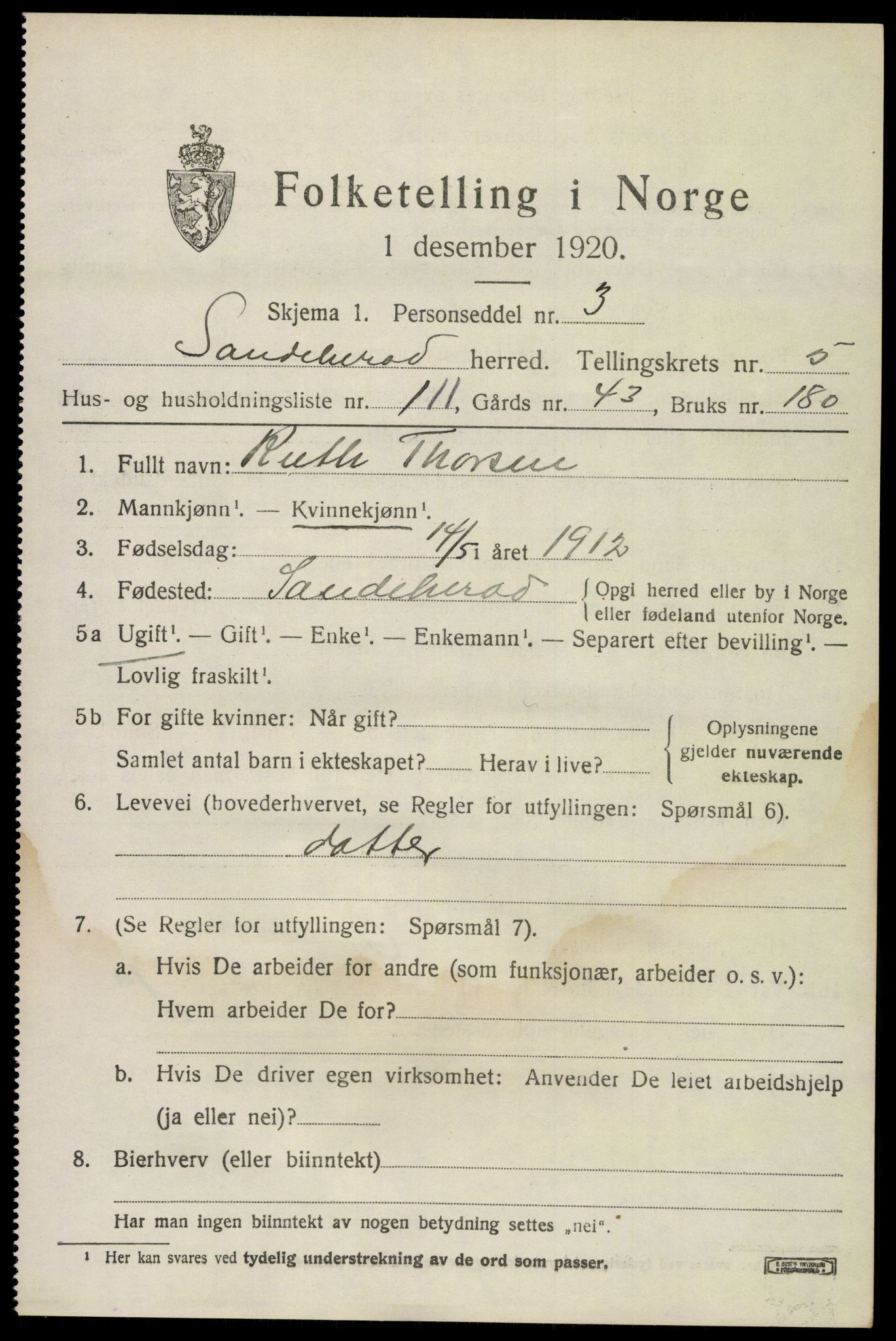 SAKO, 1920 census for Sandeherred, 1920, p. 9550