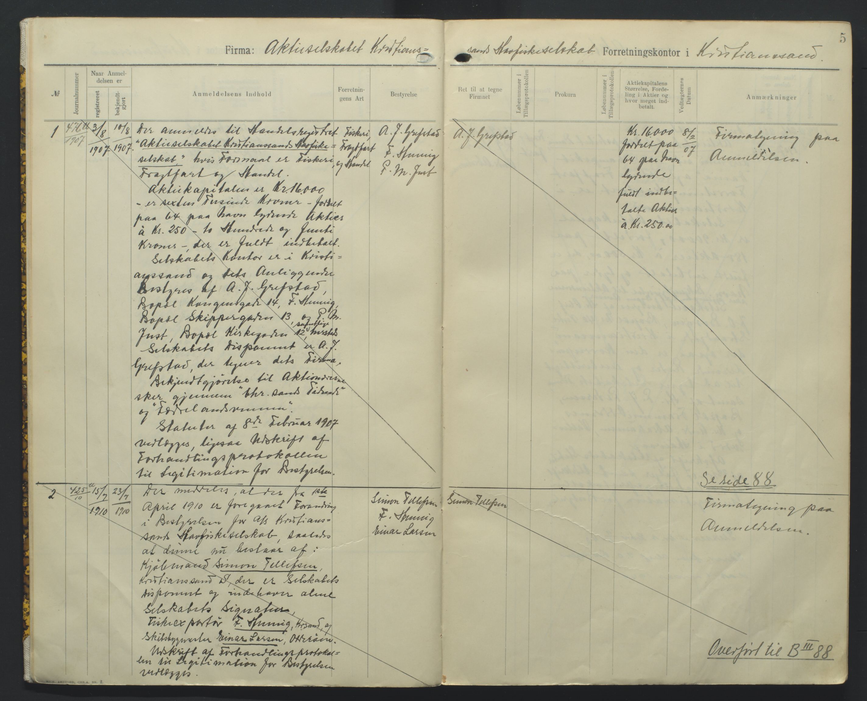 Kristiansand byrett, AV/SAK-1223-0001/K/Kb/L0010: Handelsregister B III, 1907-1915, p. 5