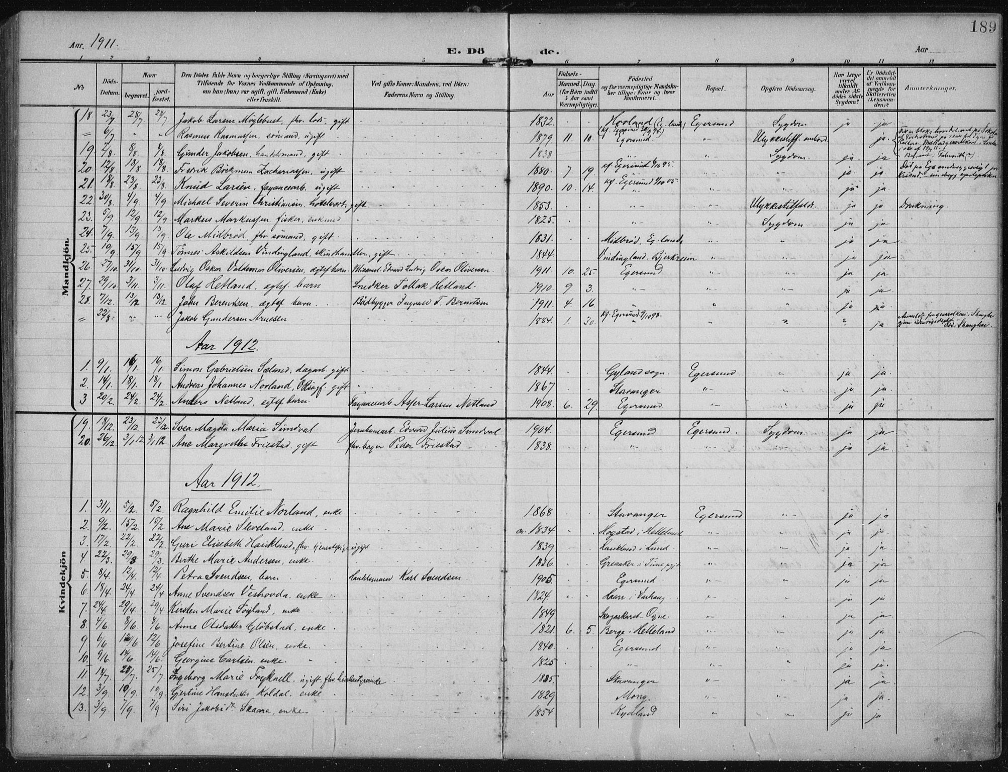 Eigersund sokneprestkontor, SAST/A-101807/S08/L0022: Parish register (official) no. A 21, 1905-1928, p. 189
