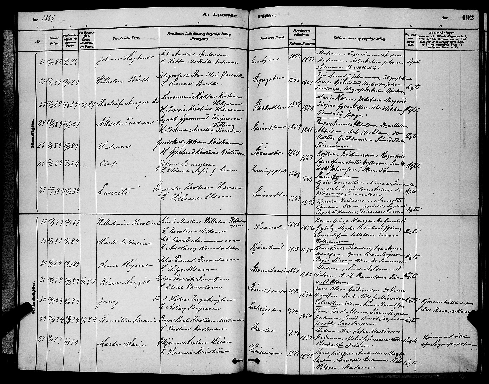 Barbu sokneprestkontor, AV/SAK-1111-0003/F/Fb/L0001: Parish register (copy) no. B 1, 1878-1890, p. 192