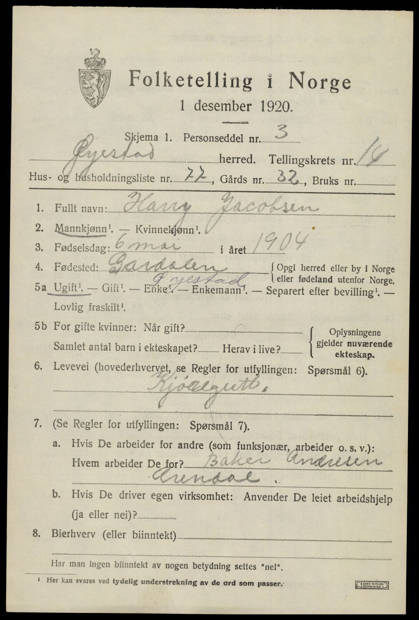 SAK, 1920 census for Øyestad, 1920, p. 10084