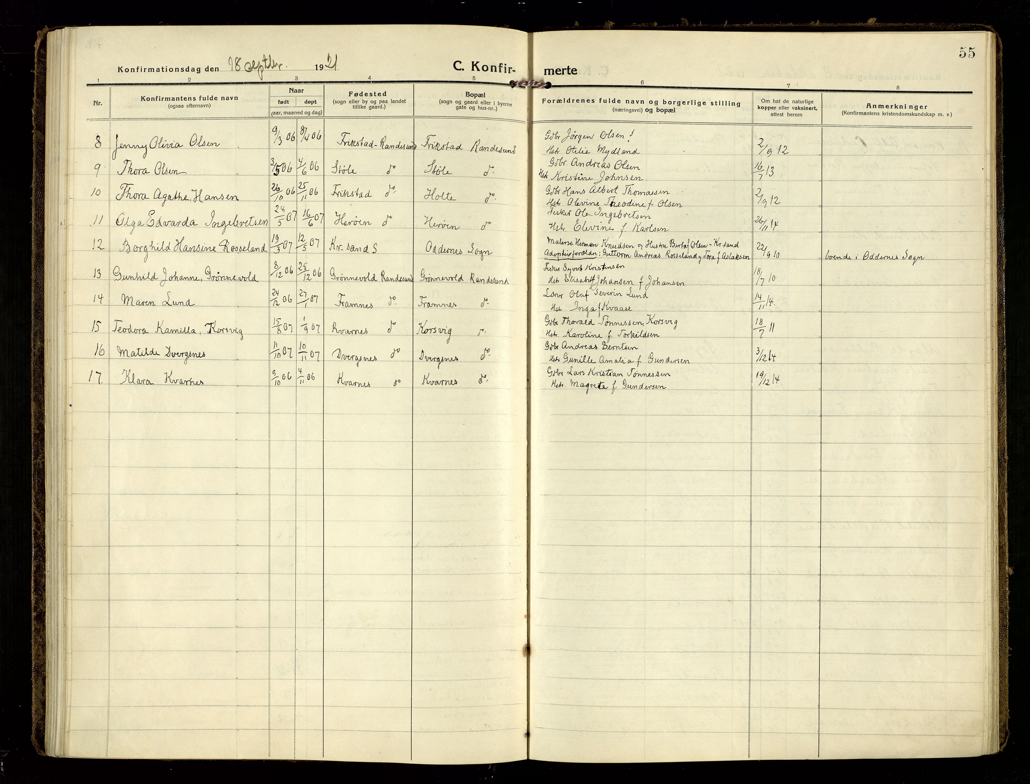 Oddernes sokneprestkontor, AV/SAK-1111-0033/F/Fa/Fab/L0004: Parish register (official) no. A 4, 1916-1935, p. 55