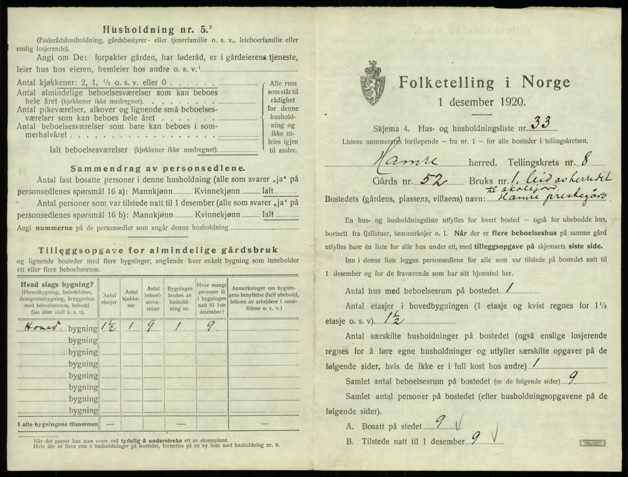 SAB, 1920 census for Hamre, 1920, p. 709