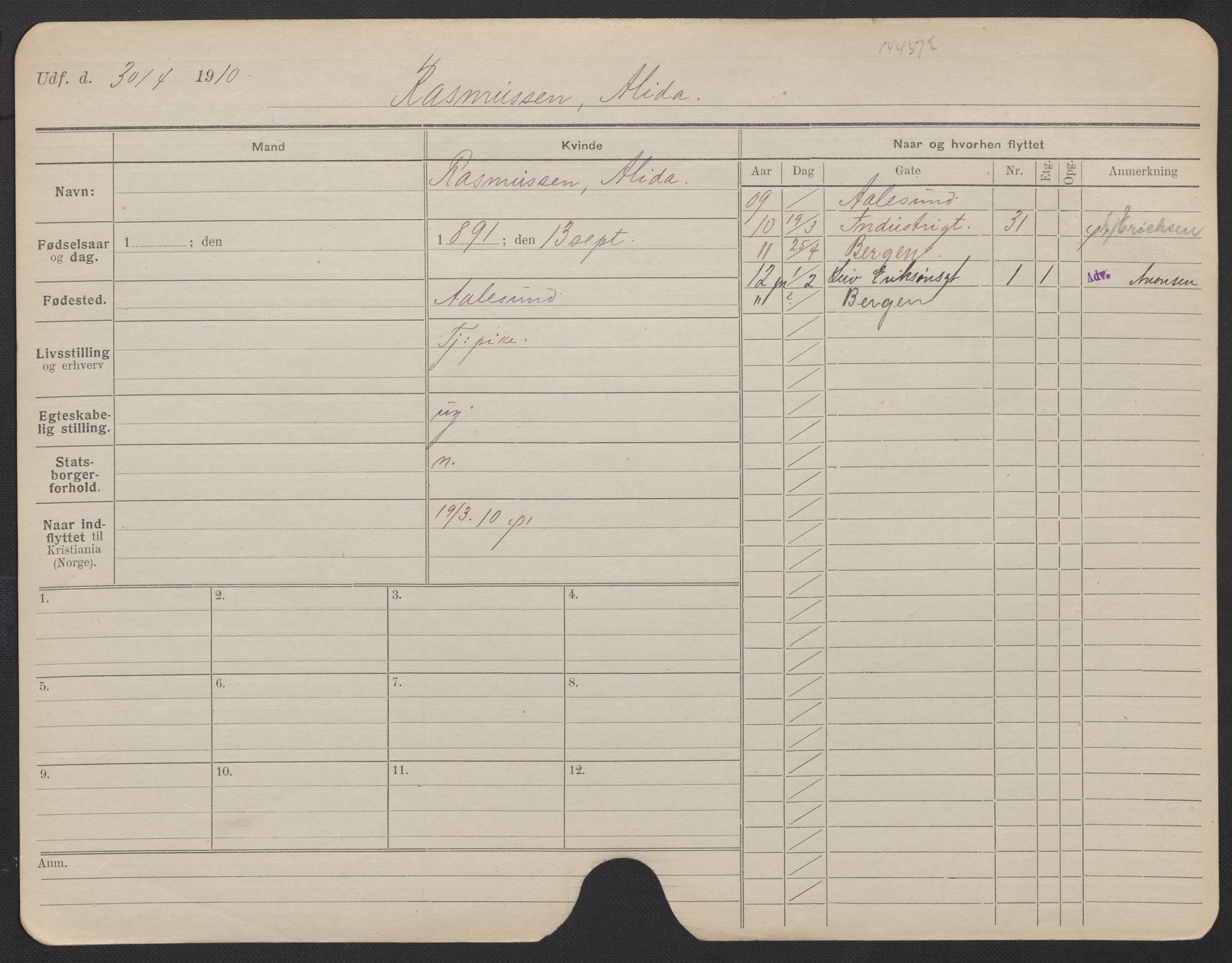 Oslo folkeregister, Registerkort, AV/SAO-A-11715/F/Fa/Fac/L0023: Kvinner, 1906-1914, p. 53a