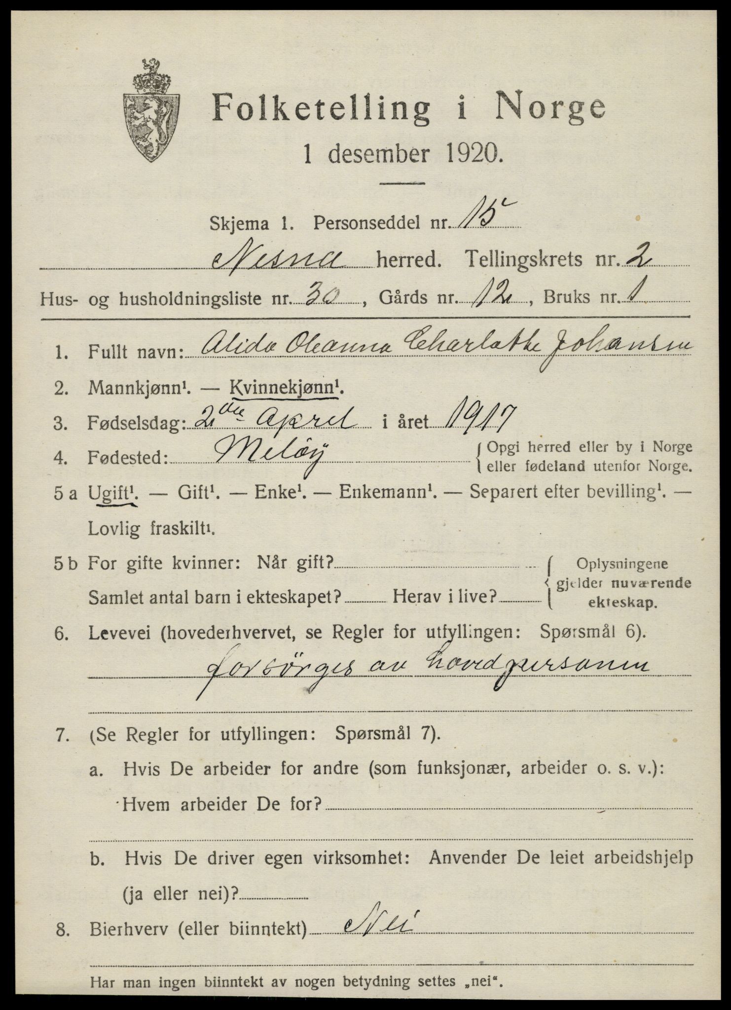 SAT, 1920 census for Nesna, 1920, p. 2065