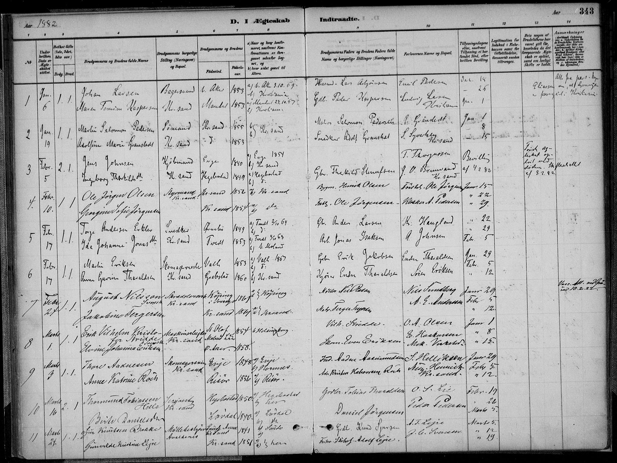 Kristiansand domprosti, SAK/1112-0006/F/Fa/L0017: Parish register (official) no. A 16B, 1880-1890, p. 343