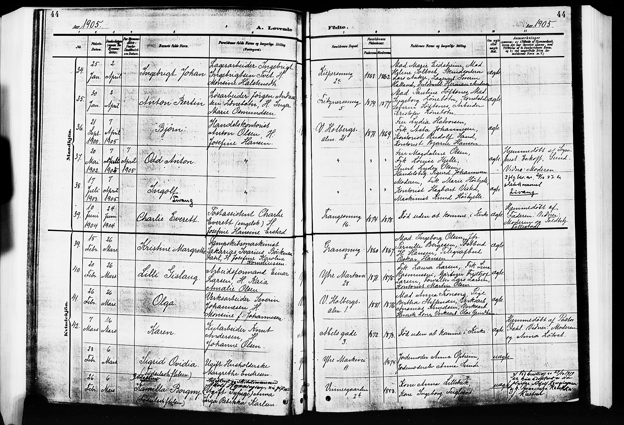 Nykirken Sokneprestembete, SAB/A-77101/H/Hab: Parish register (copy) no. B 5, 1904-1908, p. 44