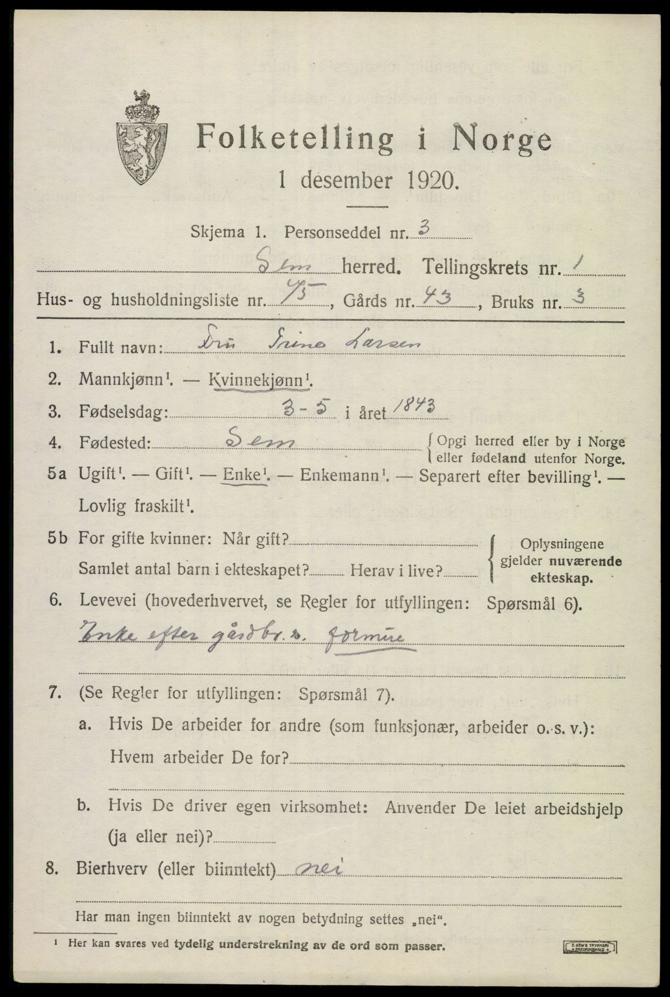 SAKO, 1920 census for Sem, 1920, p. 3593