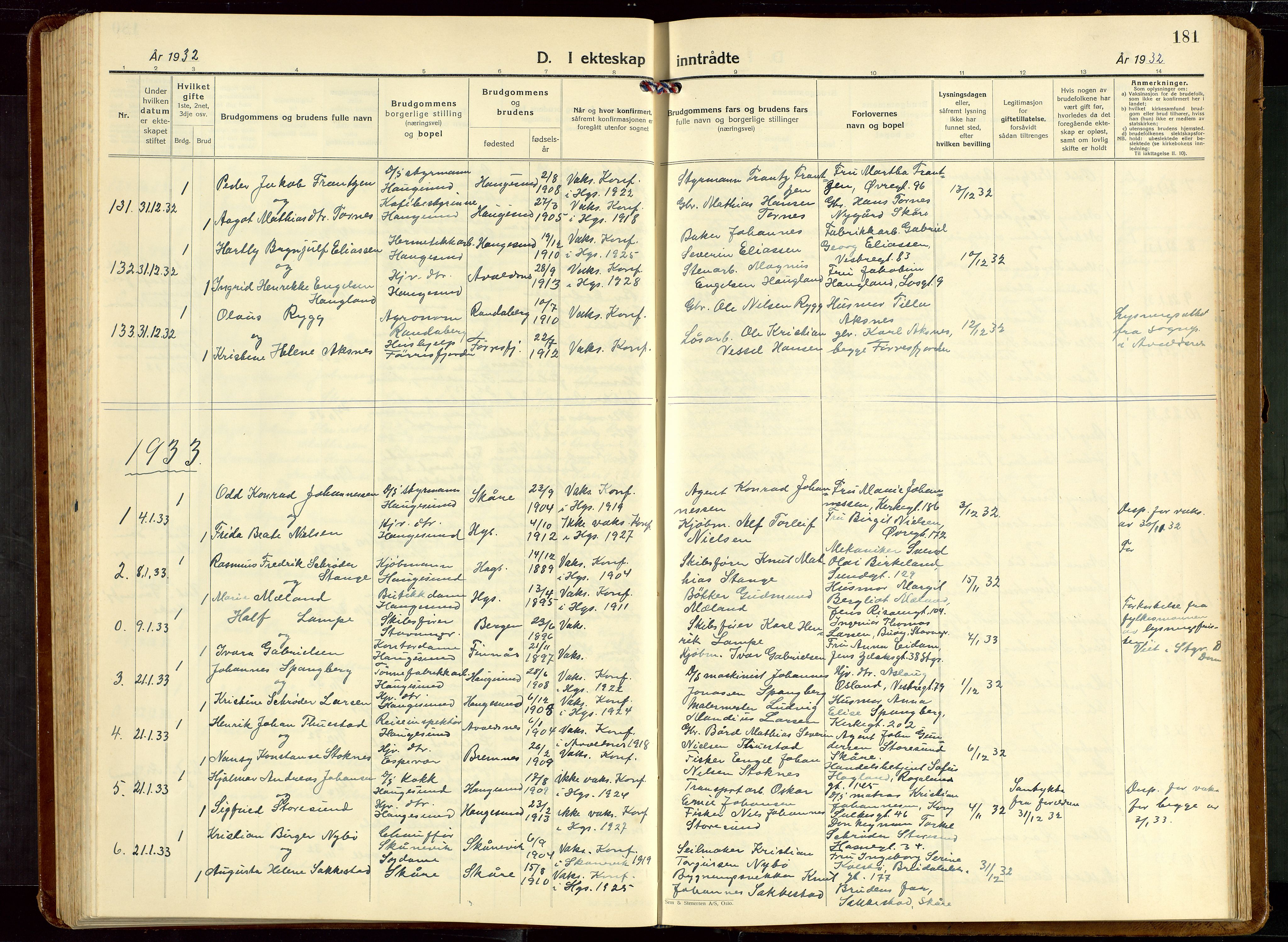 Haugesund sokneprestkontor, SAST/A -101863/H/Ha/Hab/L0013: Parish register (copy) no. B 13, 1931-1943, p. 181