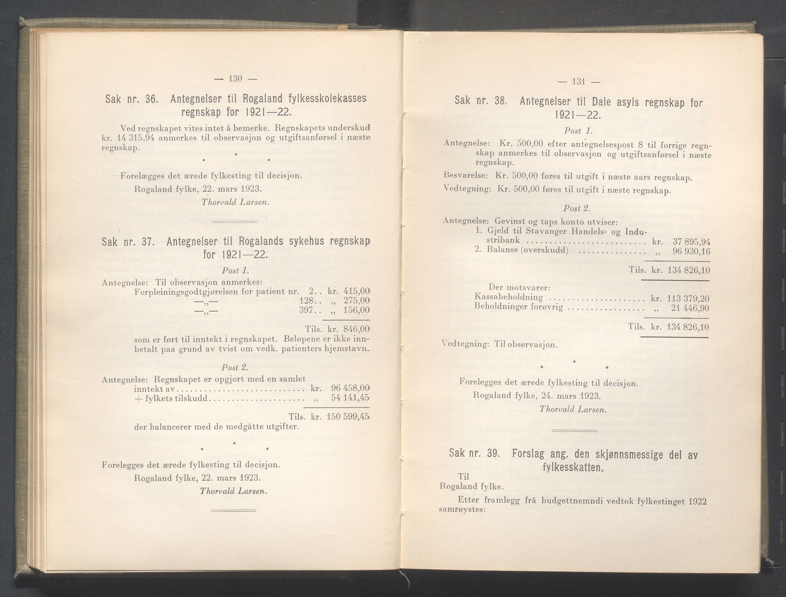 Rogaland fylkeskommune - Fylkesrådmannen , IKAR/A-900/A/Aa/Aaa/L0042: Møtebok , 1923, p. 130-131