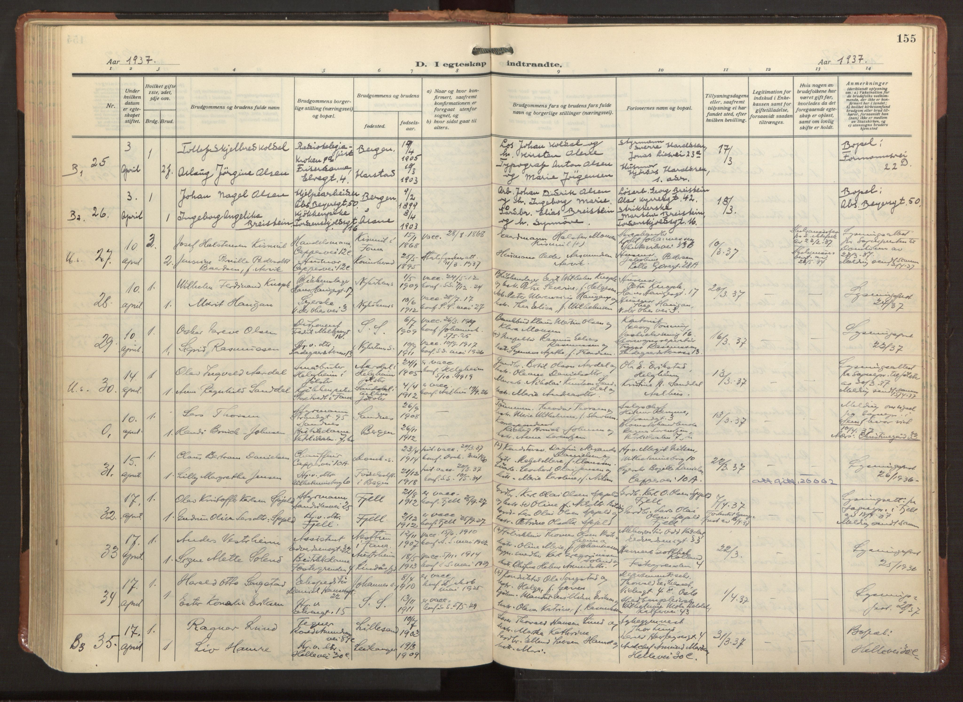 Sandviken Sokneprestembete, AV/SAB-A-77601/H/Ha/L0016: Parish register (official) no. D 3, 1923-1940, p. 155